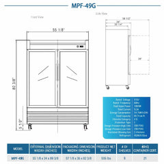 MPF-49G Glass Door Reach-In Freezer, 55"*32"*80", 2-Year labor & Parts 5-Year compressor