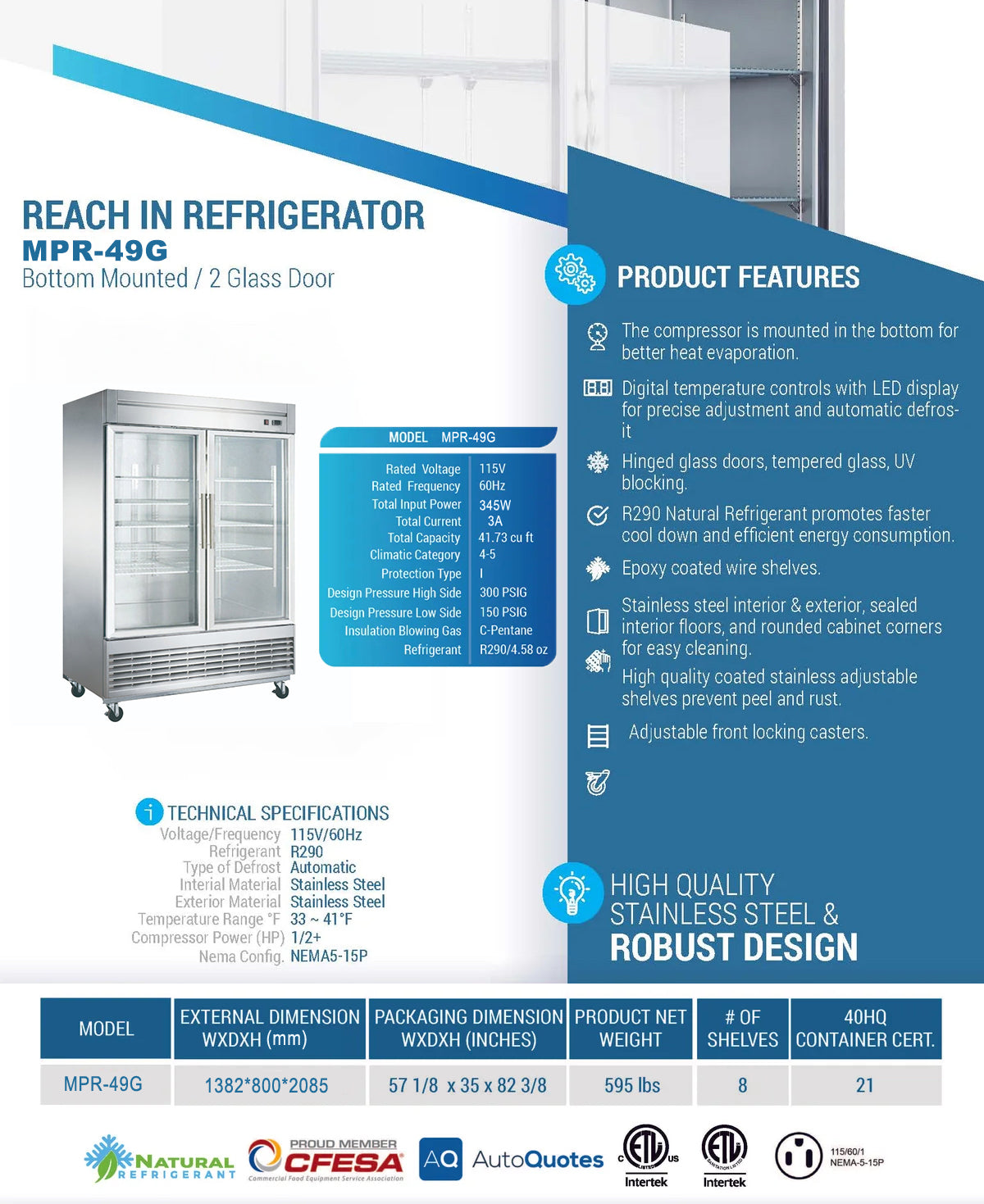 MPR-49G Glass Door Reach-In Refrigerator, 55"*32"*82", 2-Year labor & Parts 5-Year compressor
