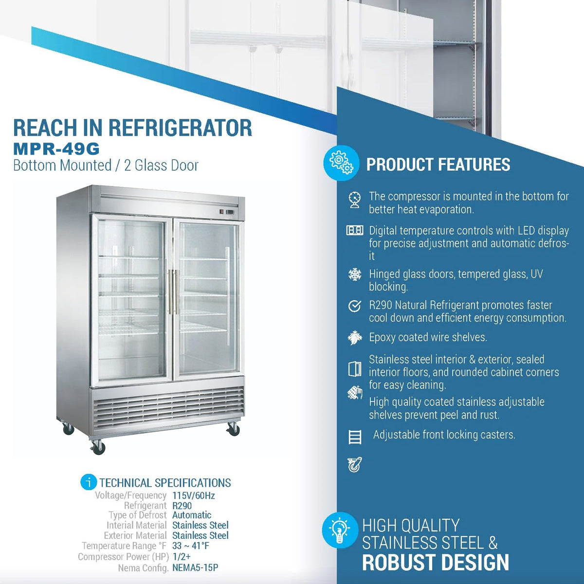 MPR-49G Glass Door Reach-In Refrigerator, 55"*34"*82", 2-Year labor & Parts 5-Year compressor