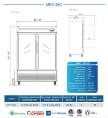 MPR-49G Glass Door Reach-In Refrigerator, 55"*34"*82", 2-Year labor & Parts 5-Year compressor