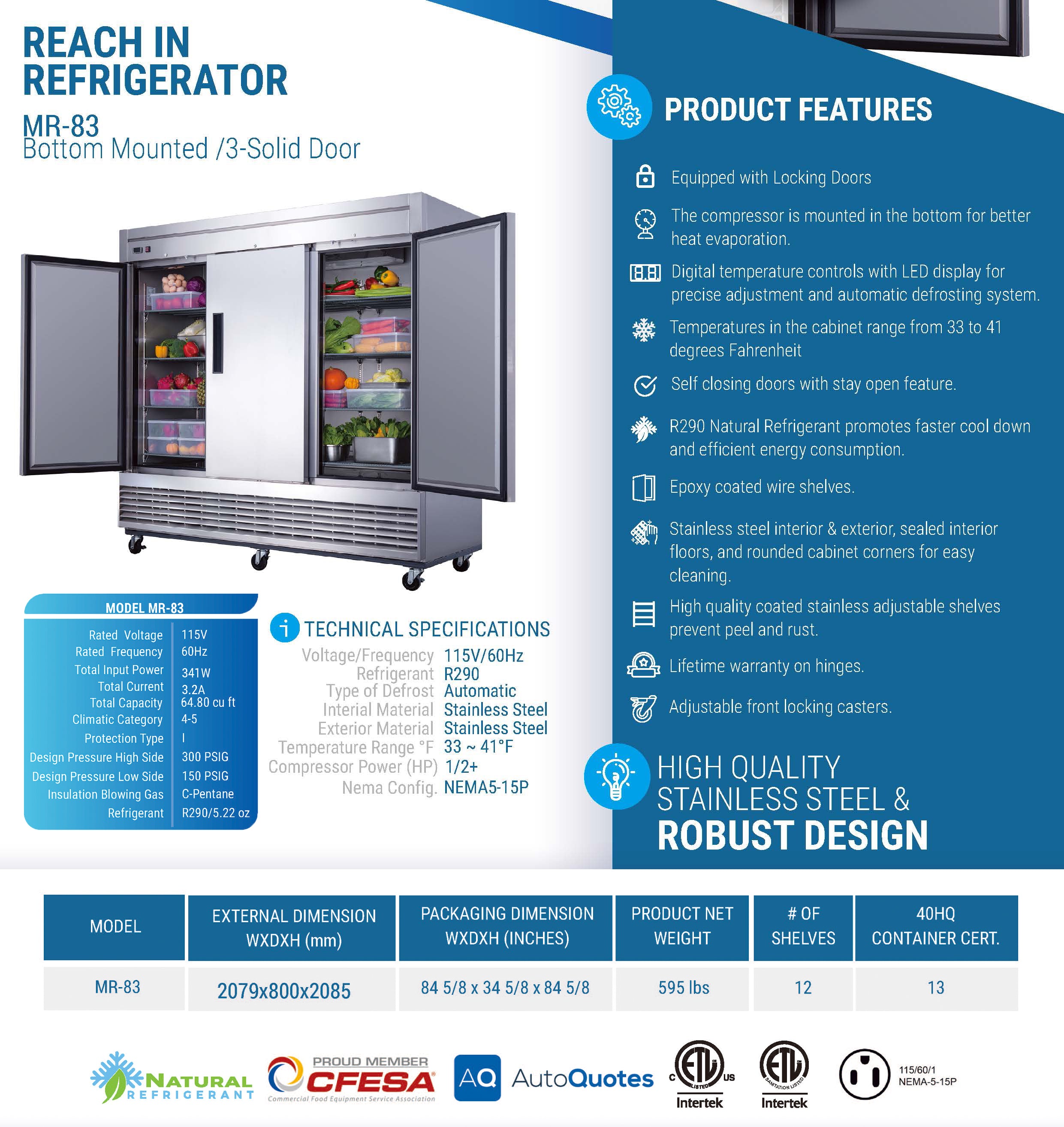 MR-83 Reach-In Refrigerator, 83"*33"*80", 3-Year labor 5-Year Parts 10-Year compressor