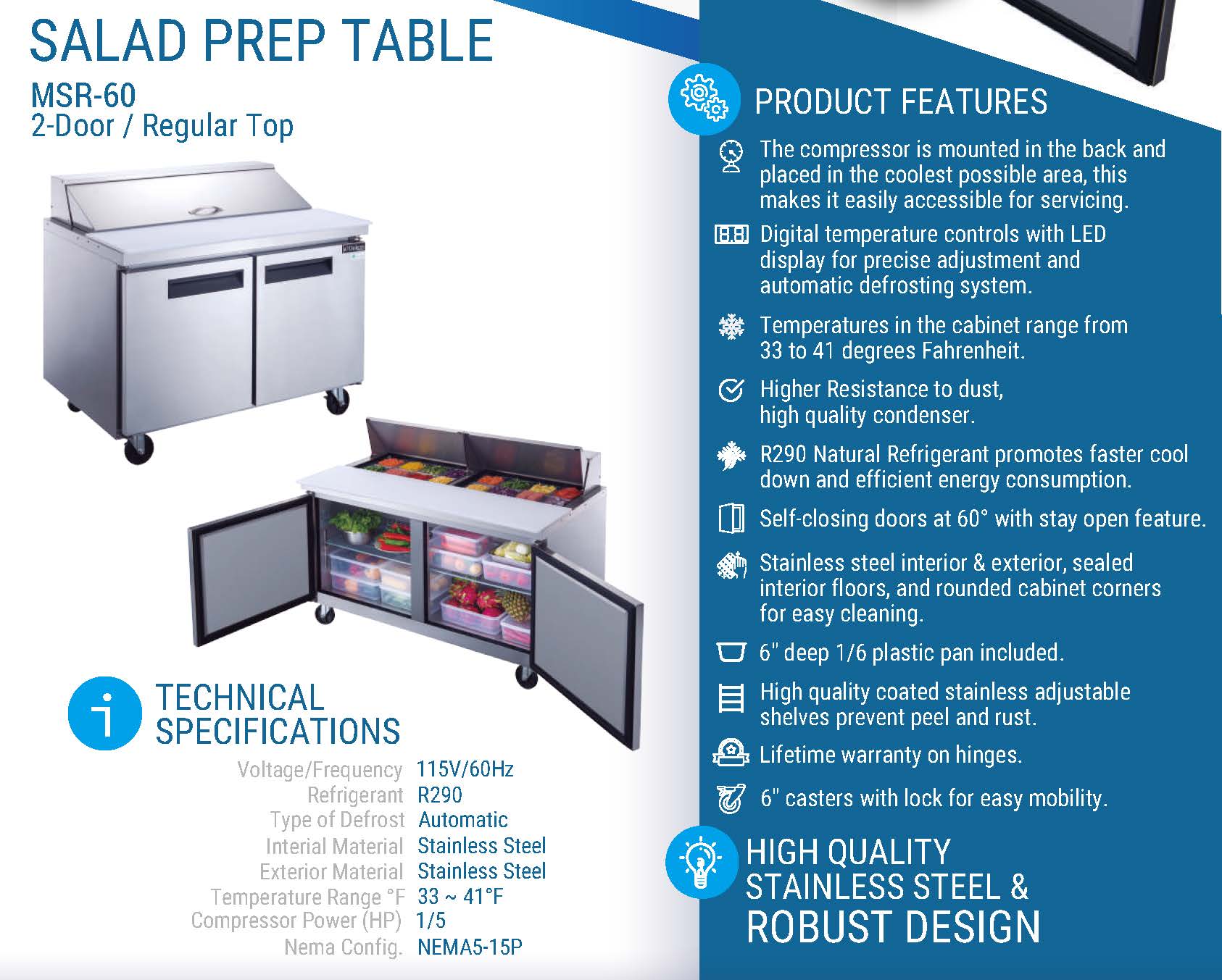 MSR-60 Refrigerated Sandwich Prep Table, 60"*32"*44", 3-Year labor 5-Year Parts 10-Year compressor