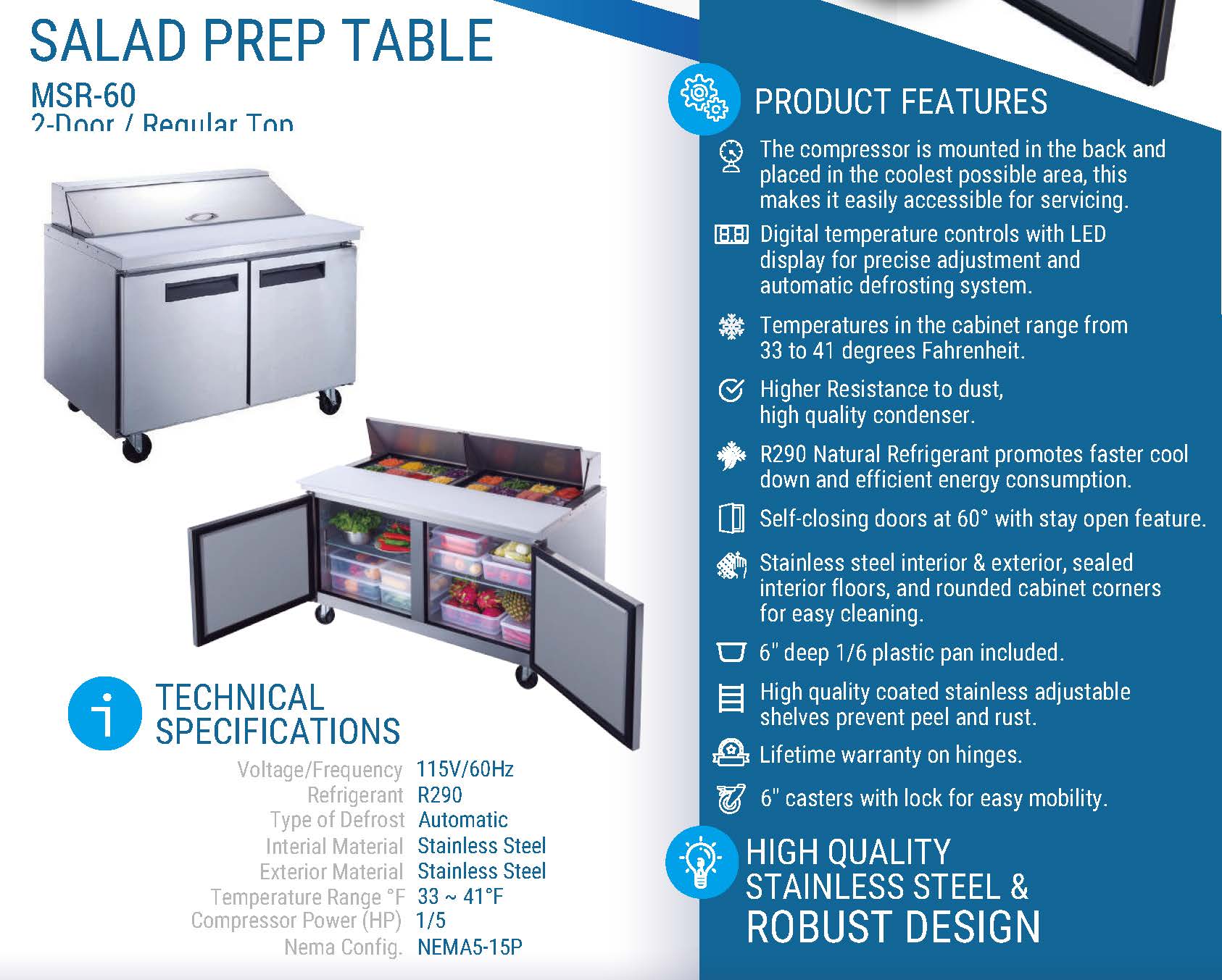 MSR-60 Refrigerated Sandwich Prep Table, 60"*32"*44", 3-Year labor 5-Year Parts 10-Year compressor