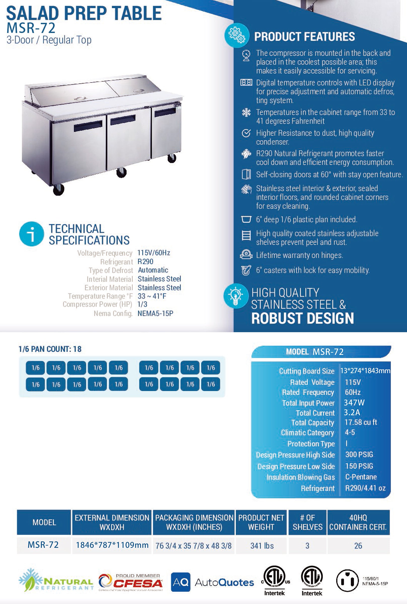 MSR-72 Refrigerated Sandwich Prep Table, 73"*31"*44", 3-Year labor 5-Year Parts 10-Year compressor