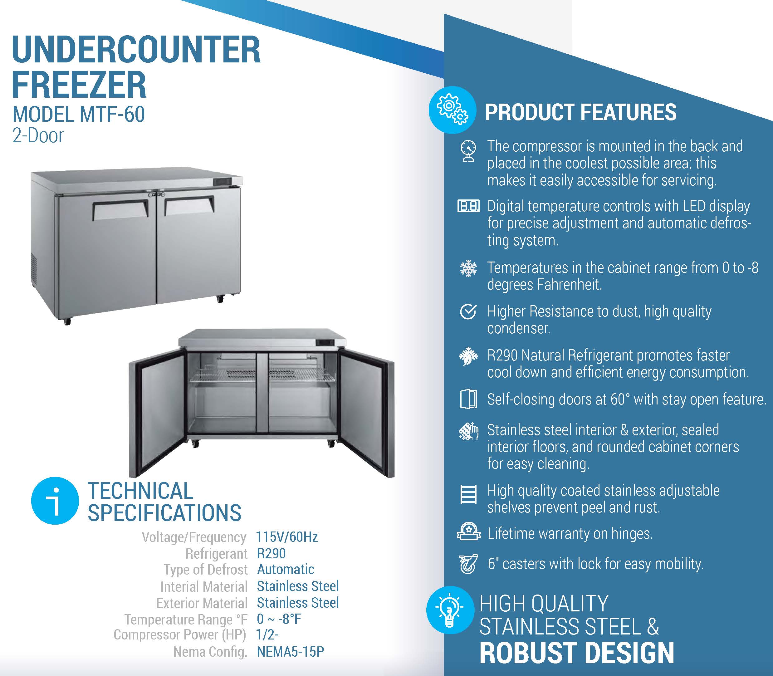 MTF-60 Undercounter Commercial Freezer, 60"*32"*36", 3-Year labor 5-Year Parts 10-Year compressor