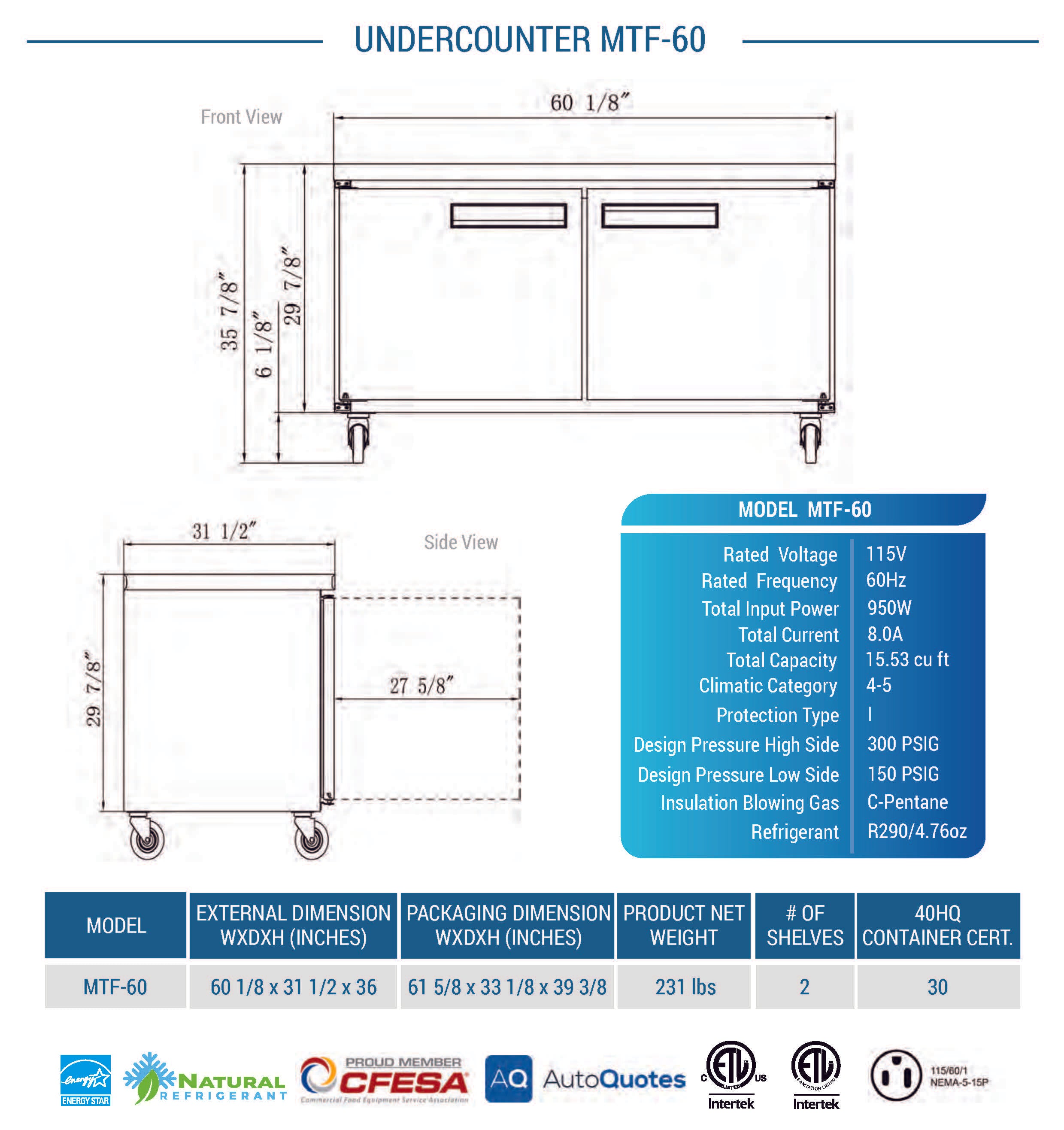 MTF-60 Undercounter Commercial Freezer, 60"*32"*36", 3-Year labor 5-Year Parts 10-Year compressor
