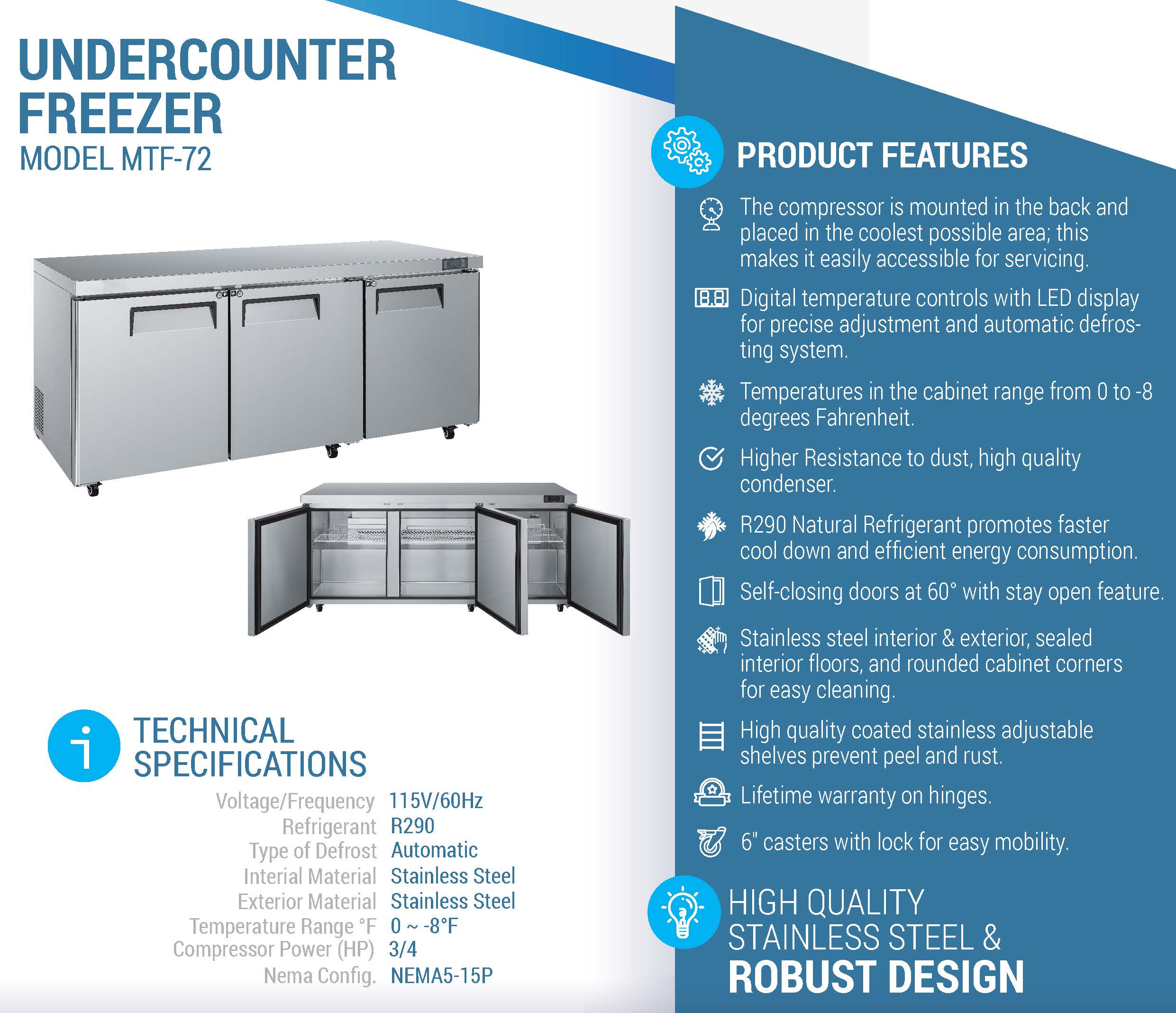 MTF-72 Undercounter Commercial Freezer, 72.68*30.00*36.57 , 3-Year labor 5-Year Parts 10-Year compressor