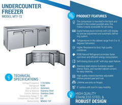 MTF-72 Undercounter Commercial Freezer, 72.68*30.00*36.57 , 3-Year labor 5-Year Parts 10-Year compressor