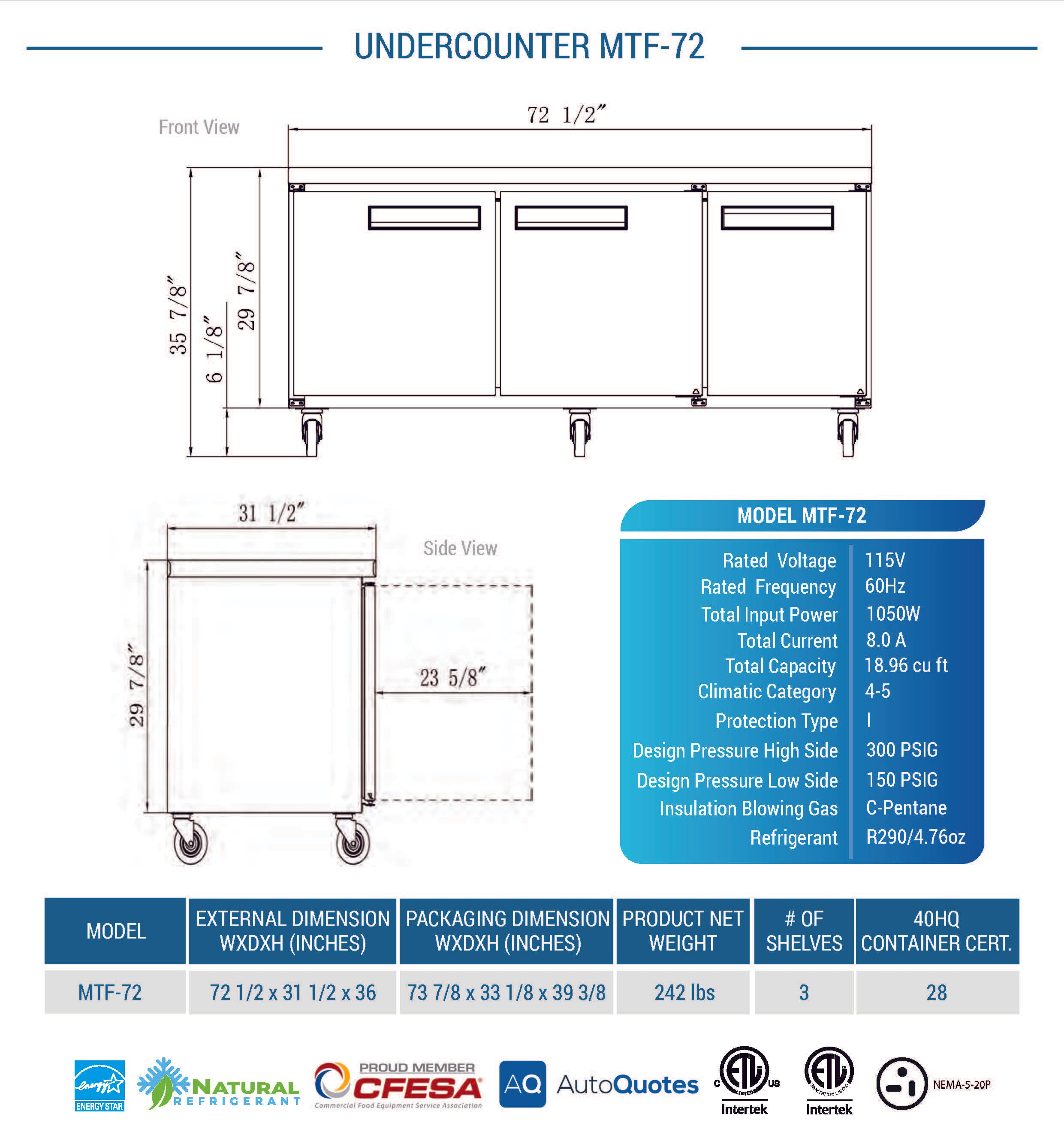 MTF-72 Undercounter Commercial Freezer, 72.68*30.00*36.57 , 3-Year labor 5-Year Parts 10-Year compressor