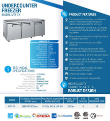 MTF-72 Undercounter Commercial Freezer, 73*31*34“ , 3-Year labor 5-Year Parts 10-Year compressor