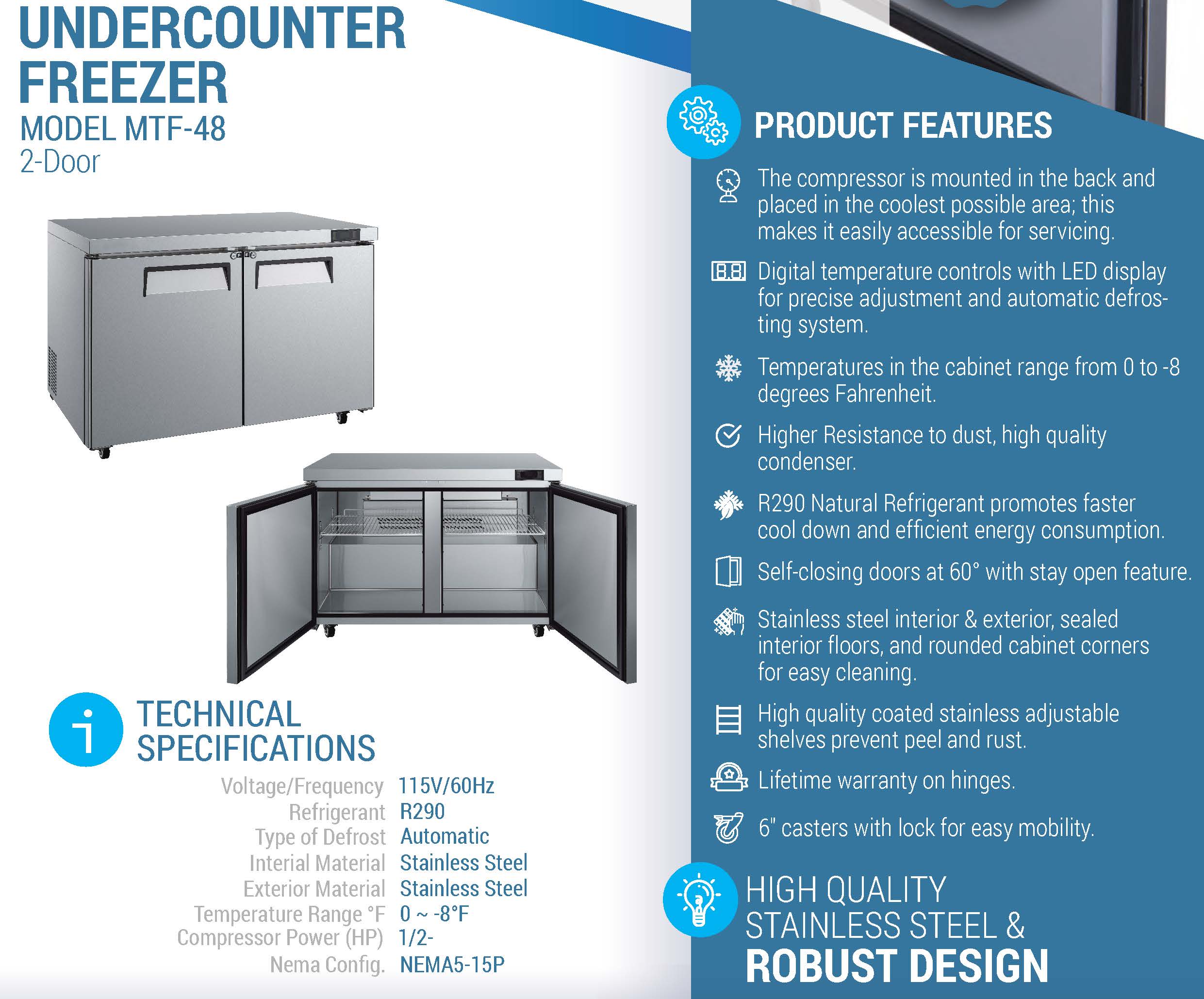 MTF-48 Undercounter Commercial Freezer, 48“*32"*36"*, 3-Year labor 5-Year Parts 10-Year compressor