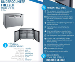 MTF-48 Undercounter Commercial Freezer, 48“*32"*36"*, 3-Year labor 5-Year Parts 10-Year compressor