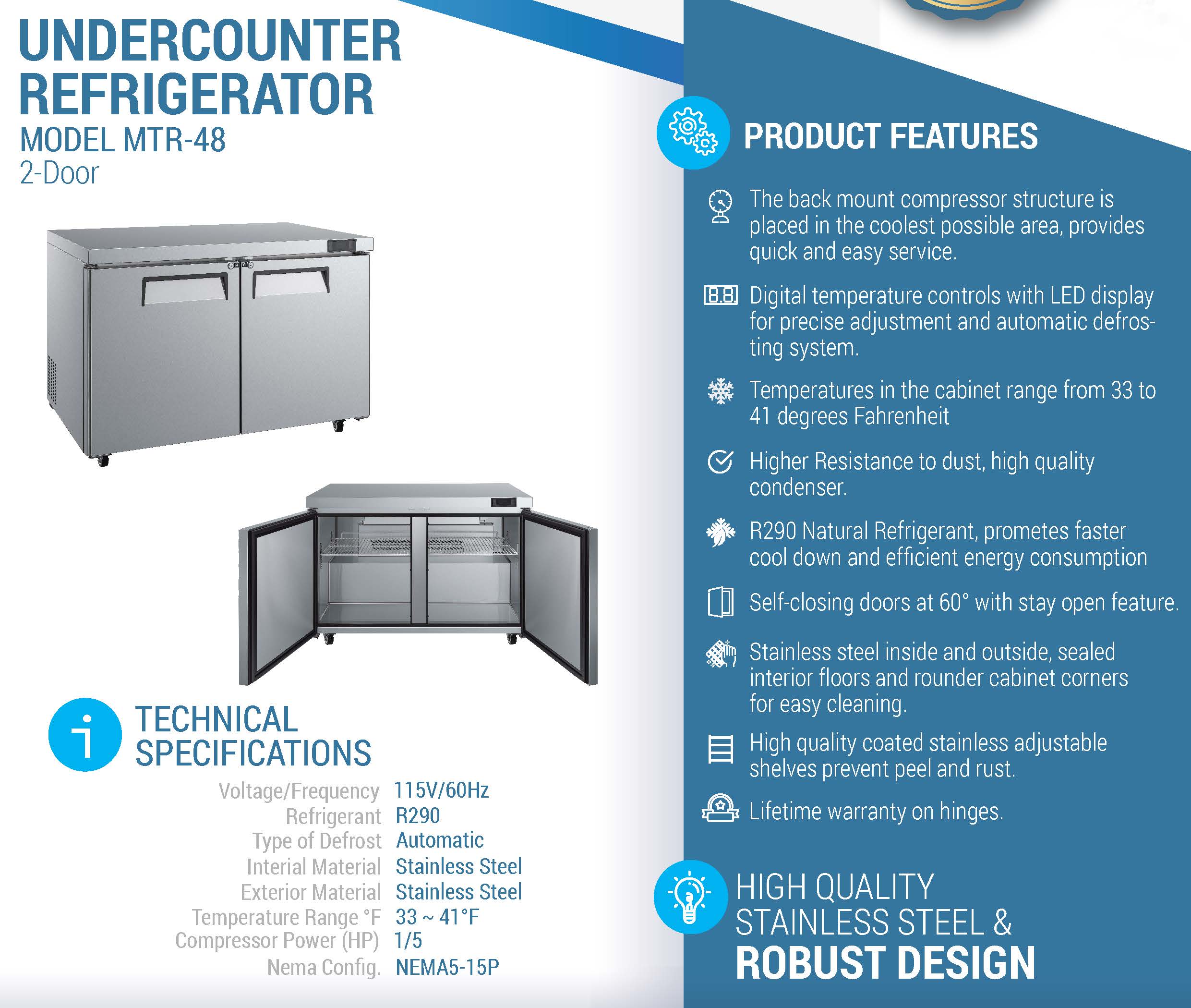MTR-48 Undercounter Commercial Refrigerator, 48"*32"*36", 3-Year labor 5-Year Parts 10-Year compressor