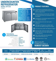 MTR-48 Undercounter Commercial Refrigerator, 48"*31"*34", 3-Year labor 5-Year Parts 10-Year compressor