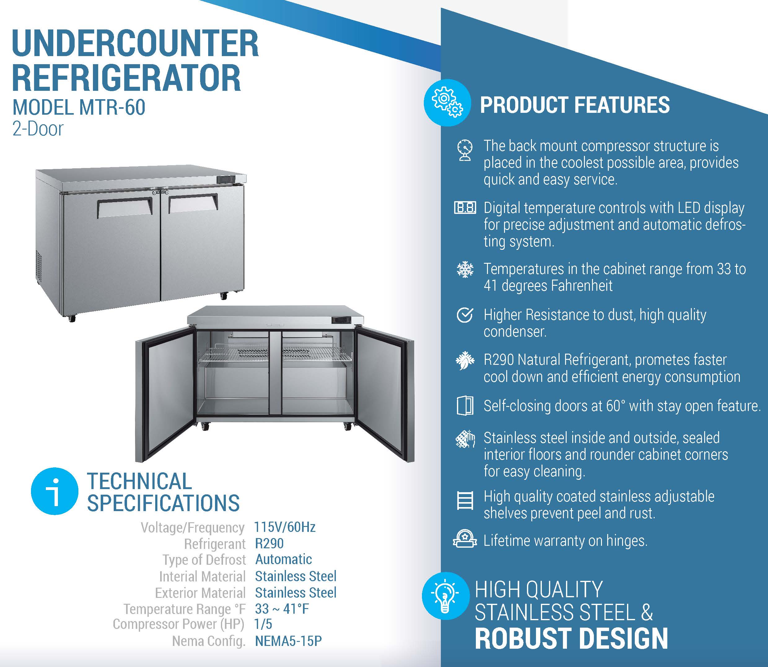 MTR-60 Undercounter Commercial Refrigerator, 60"*32"*36", 3-Year labor 5-Year Parts 10-Year compressor