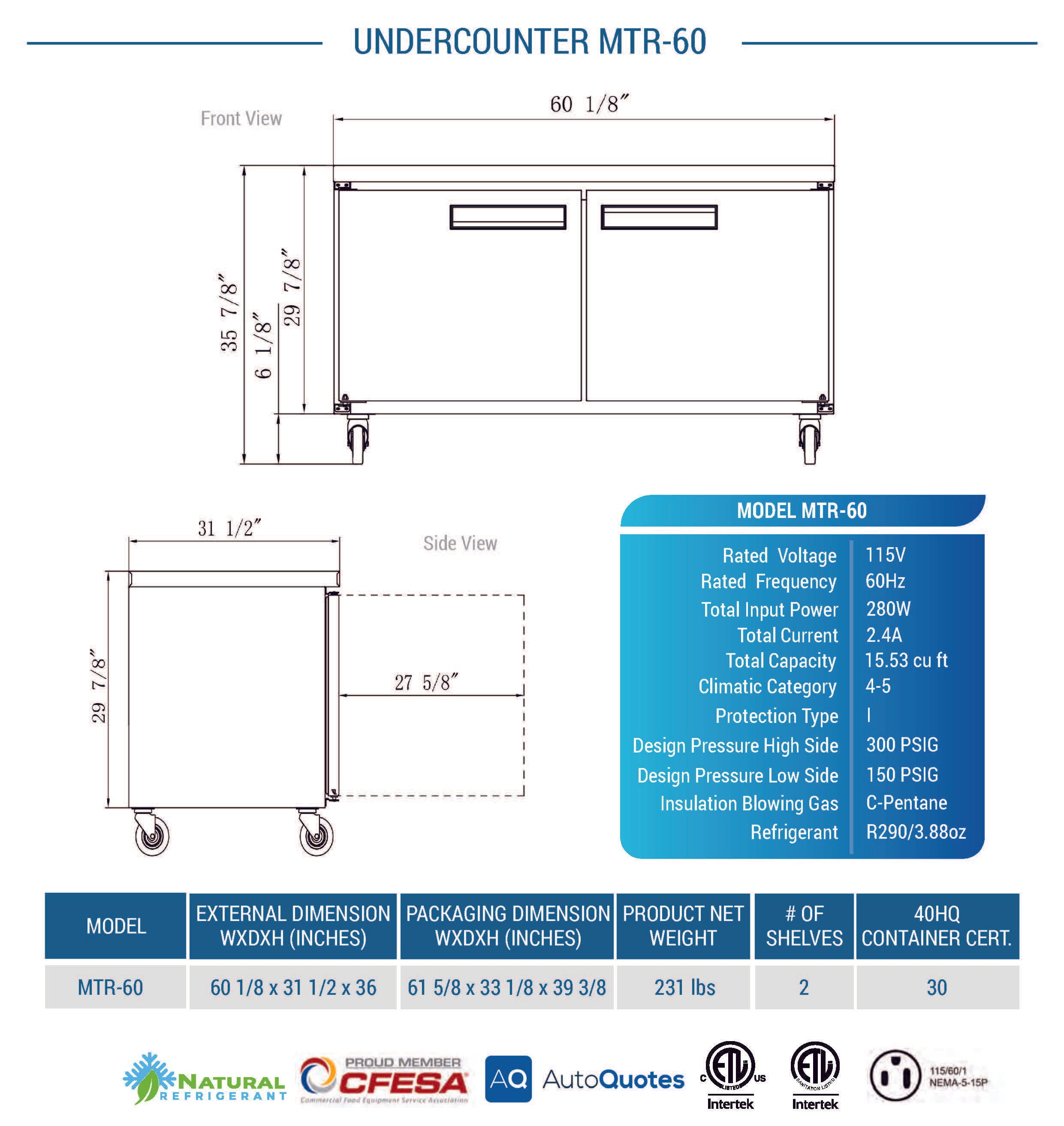 MTR-60 Undercounter Commercial Refrigerator, 60"*32"*36", 3-Year labor 5-Year Parts 10-Year compressor