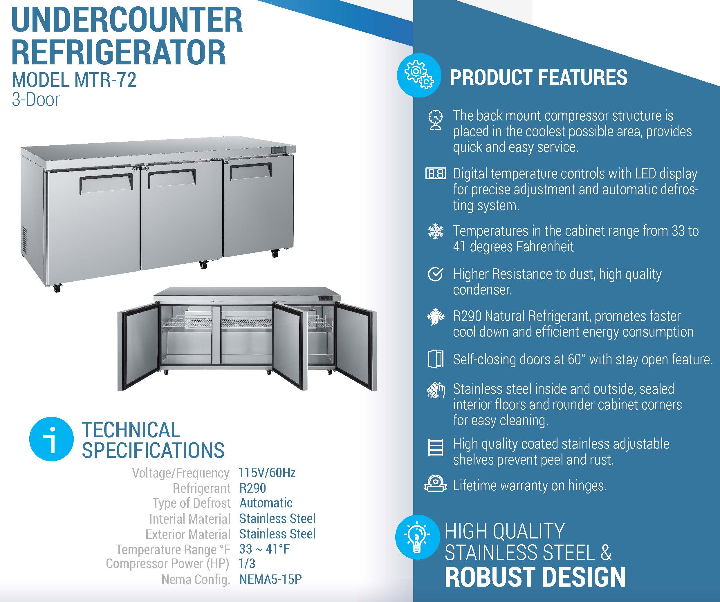 MTR-72 Undercounter Commercial Refrigerator, 73"*32"*36", 3-Year labor 5-Year Parts 10-Year compressor