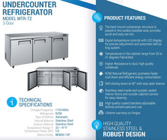 MTR-72 Undercounter Commercial Refrigerator, 73"*32"*36", 3-Year labor 5-Year Parts 10-Year compressor