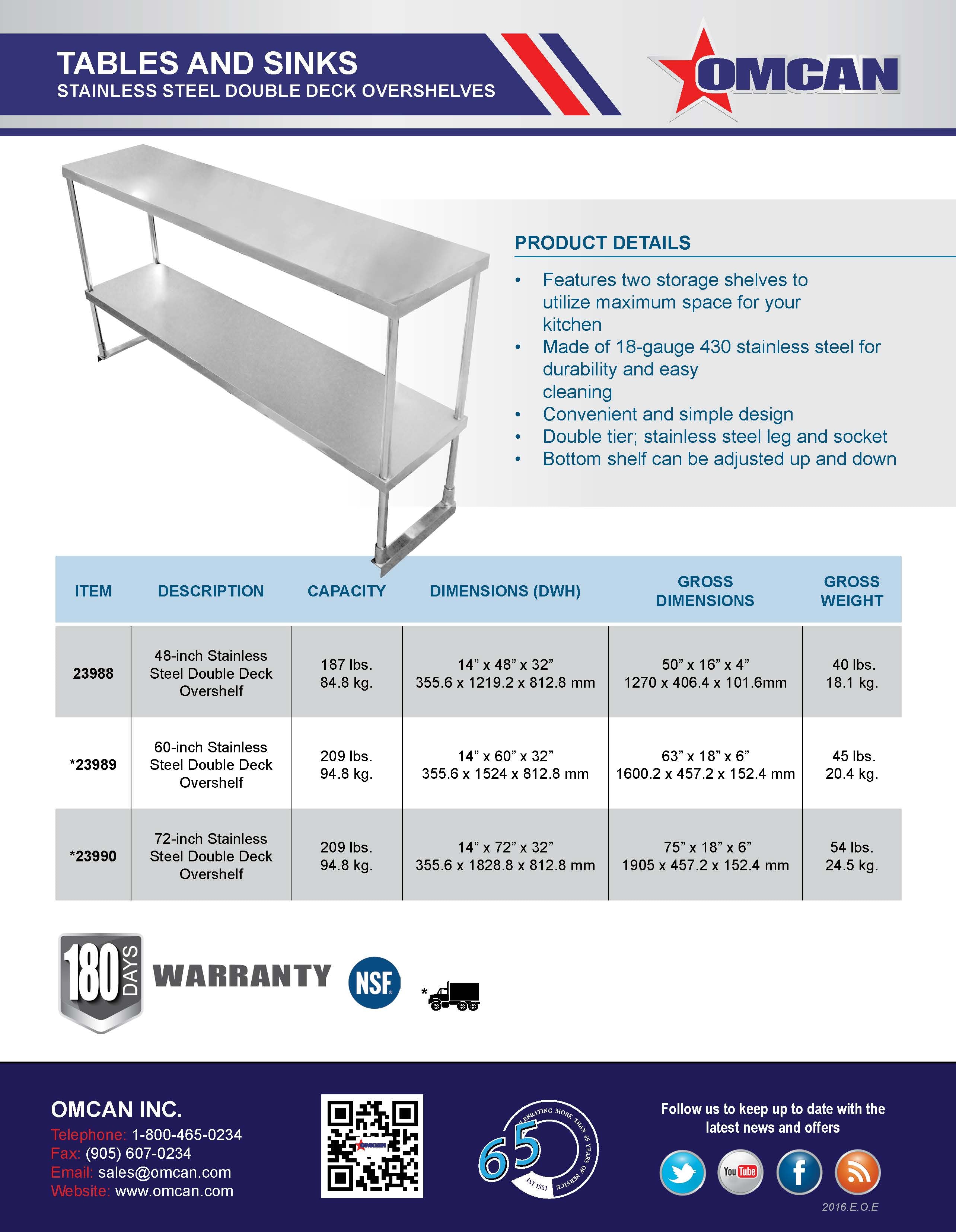 Omcan 60-inch Stainless Steel Double Deck Overshelf