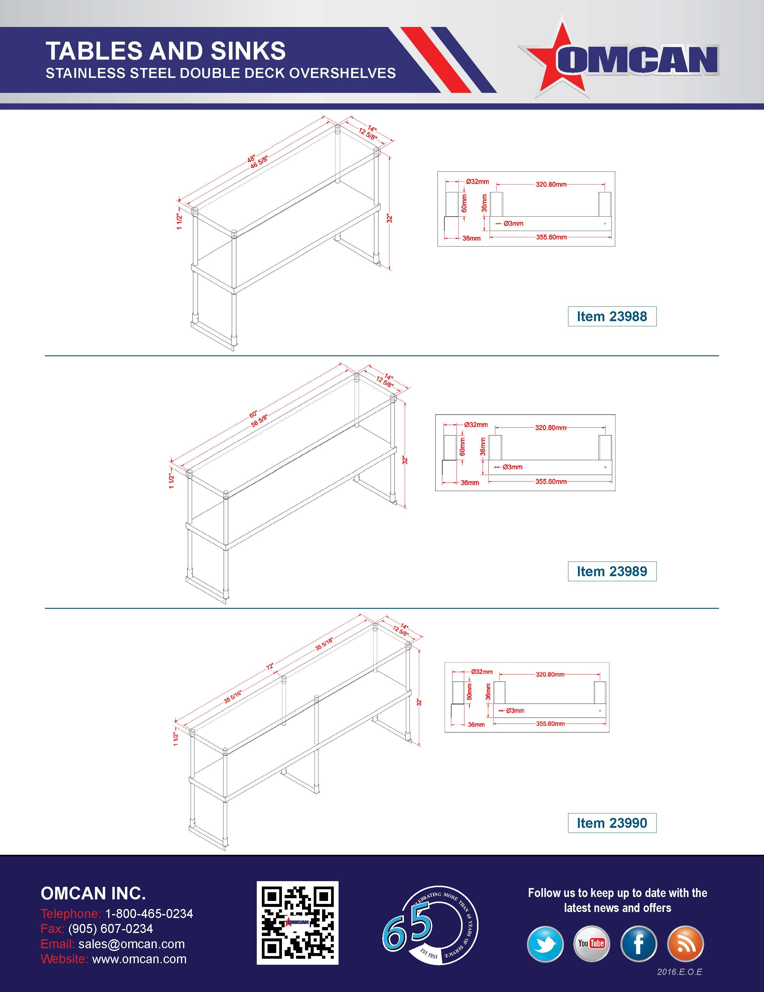 Omcan 60-inch Stainless Steel Double Deck Overshelf