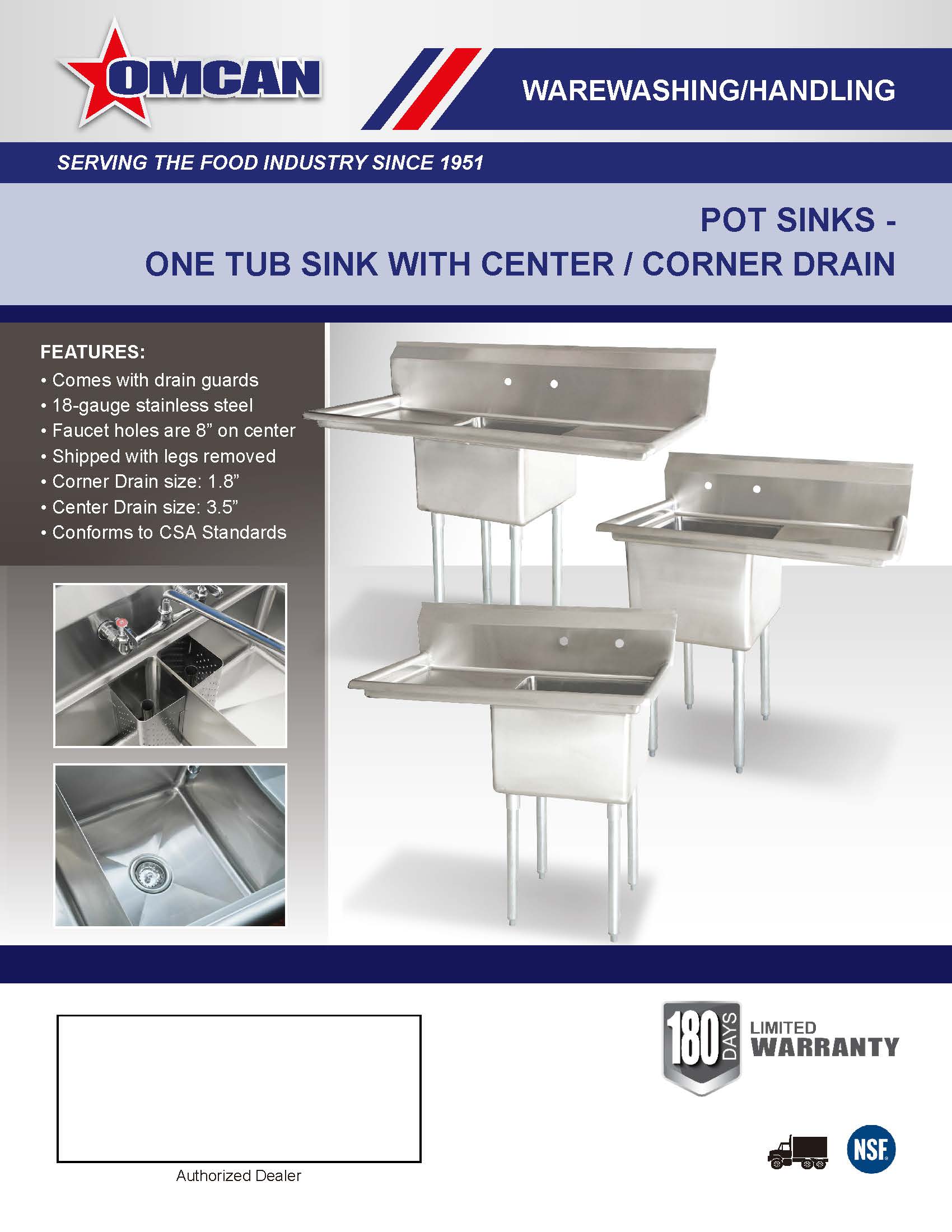 Omcan 18″ x 18″ x 11″ One Tub Sink with 3.5″ Center Drain and Two Drain Boards