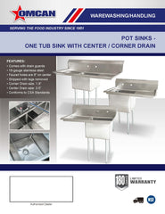 Omcan 24″ x 24″ x 14″ One Tub Sink with 3.5″ Center Drain and Right Drain Board