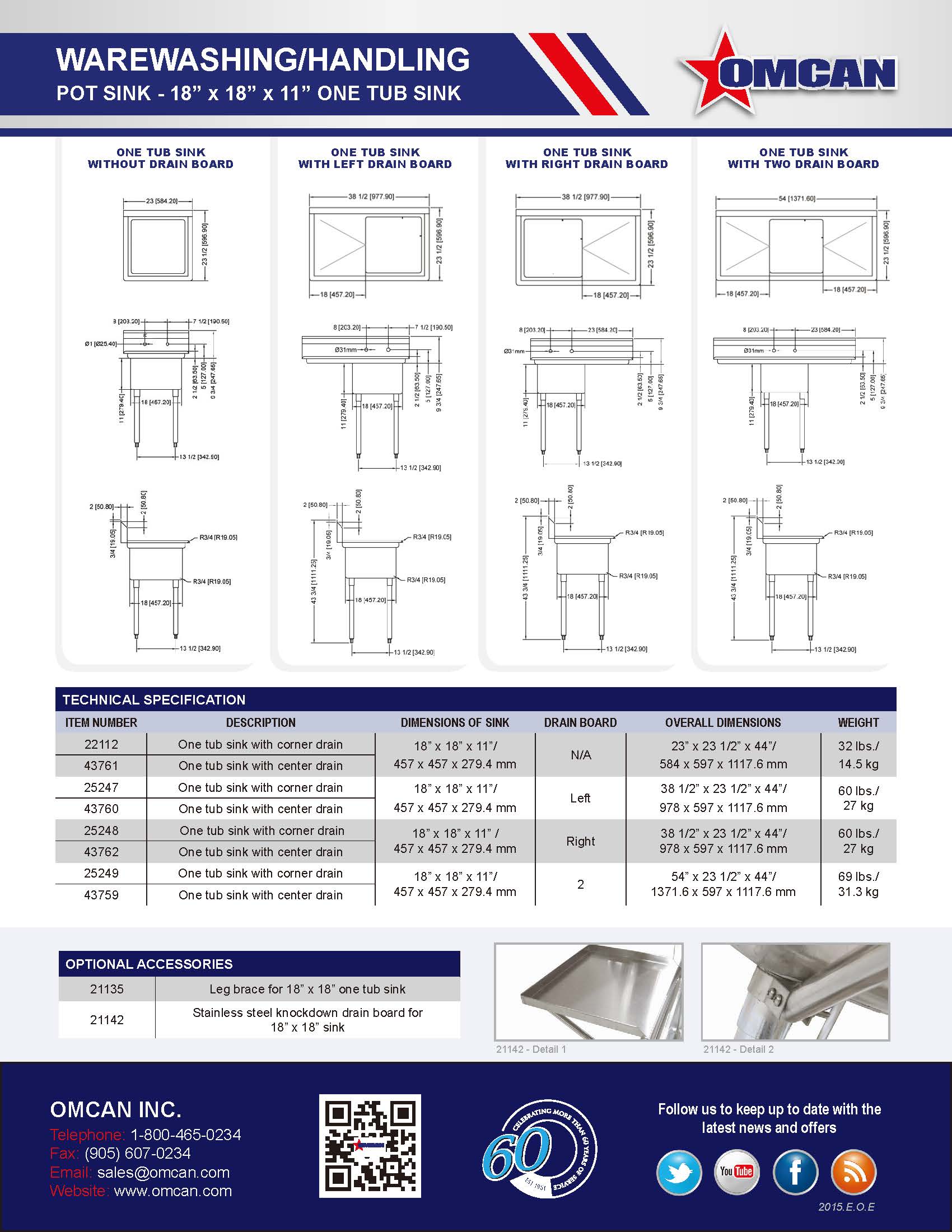 Omcan 18″ x 18″ x 11″ One Tub Sink with 3.5″ Center Drain and Two Drain Boards