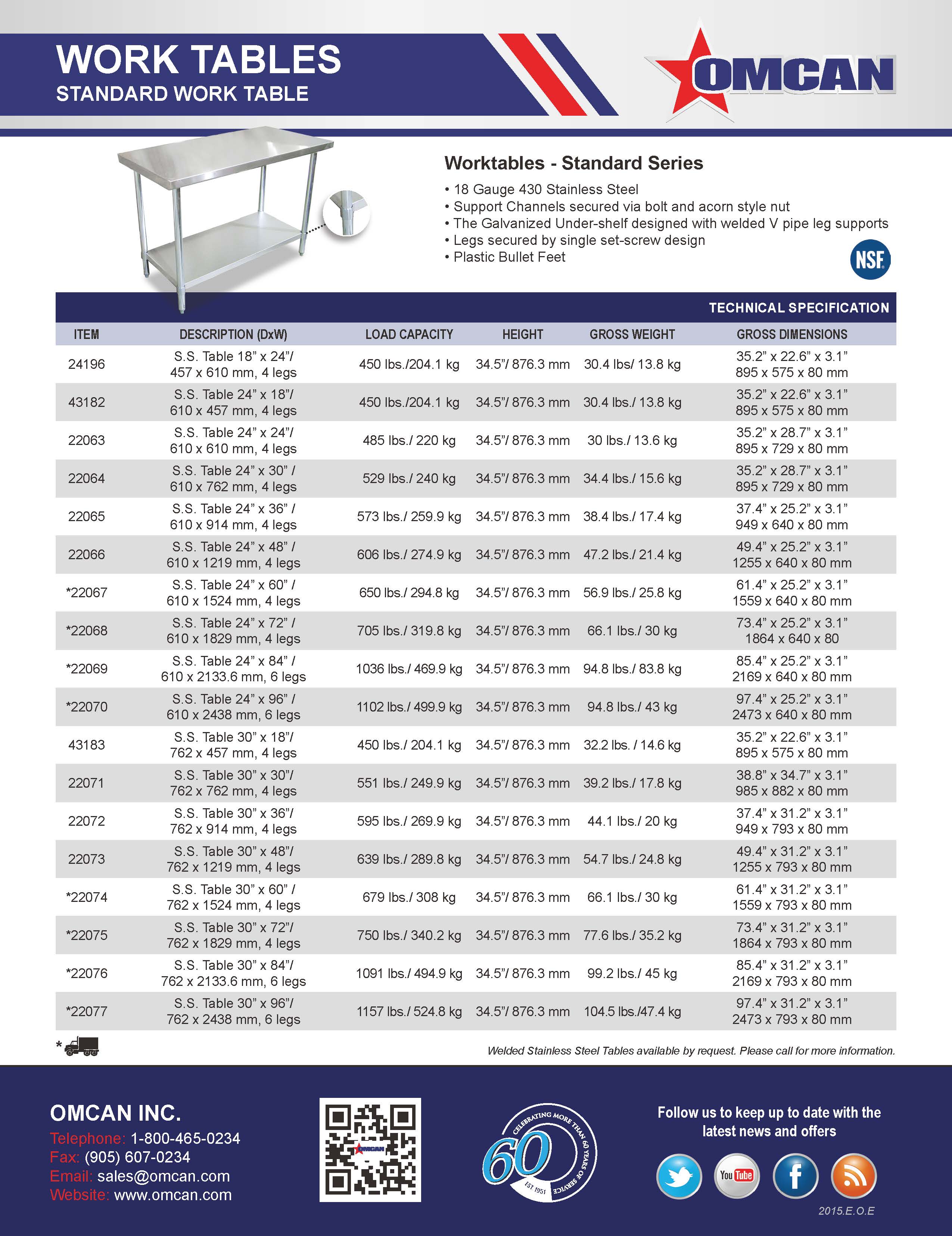 Omcan 24″ x 36″ Stainless Steel Work Table