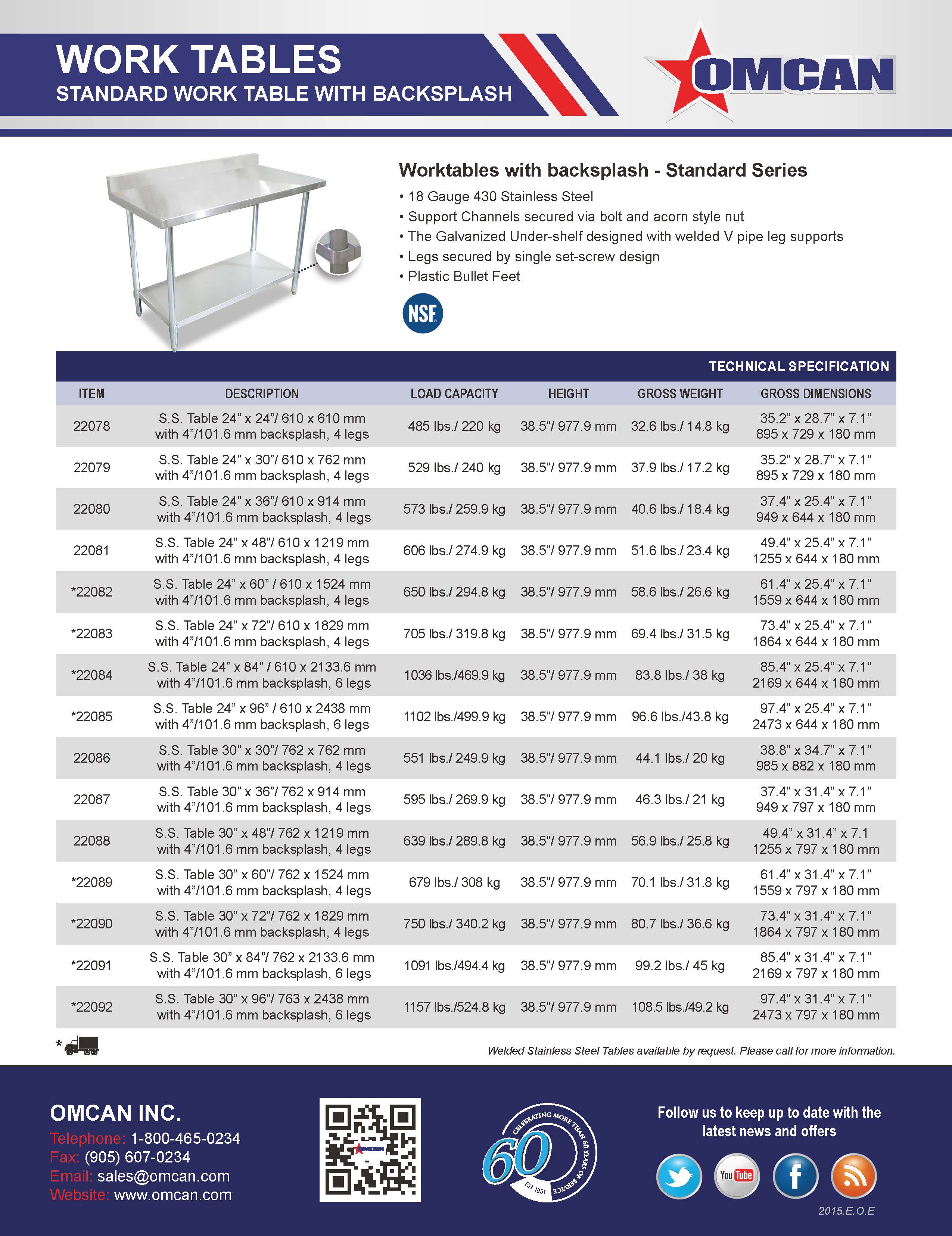 Omcan 30″ x 48″ Stainless Steel Work Table with 4″ Backsplash