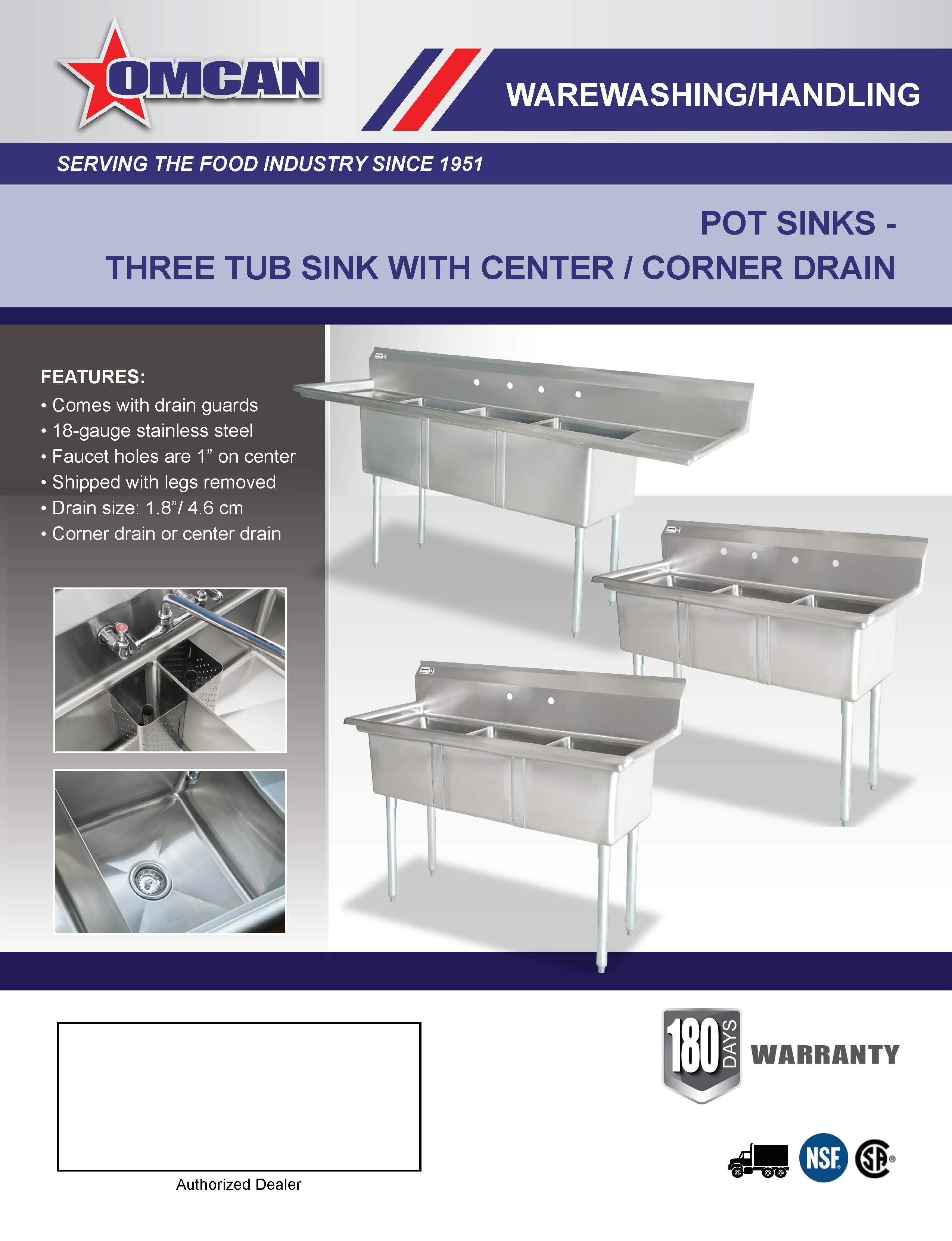 Omcan 18″ x 18″ x 11″ Three Tub Sink with Center Drain and Two Drain Boards