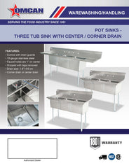 Omcan 24″ x 24″ x 14″ Stainless Steel Three Tub Sink with 3.5″ Center Drain and Right Drain Board