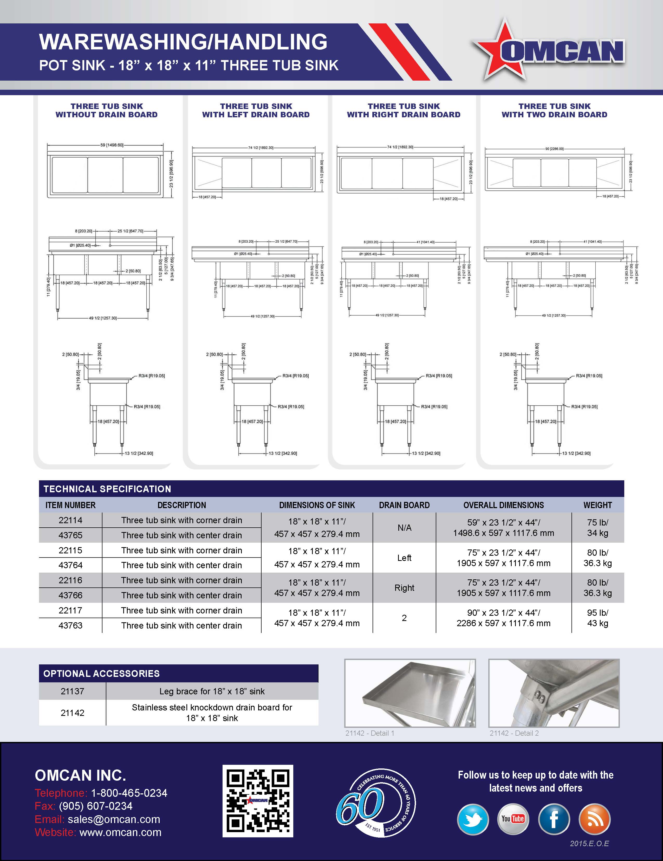 Omcan 18″ x 18″ x 11″ Three Tub Sink with 3.5″ Center Drain and Right Drain Board