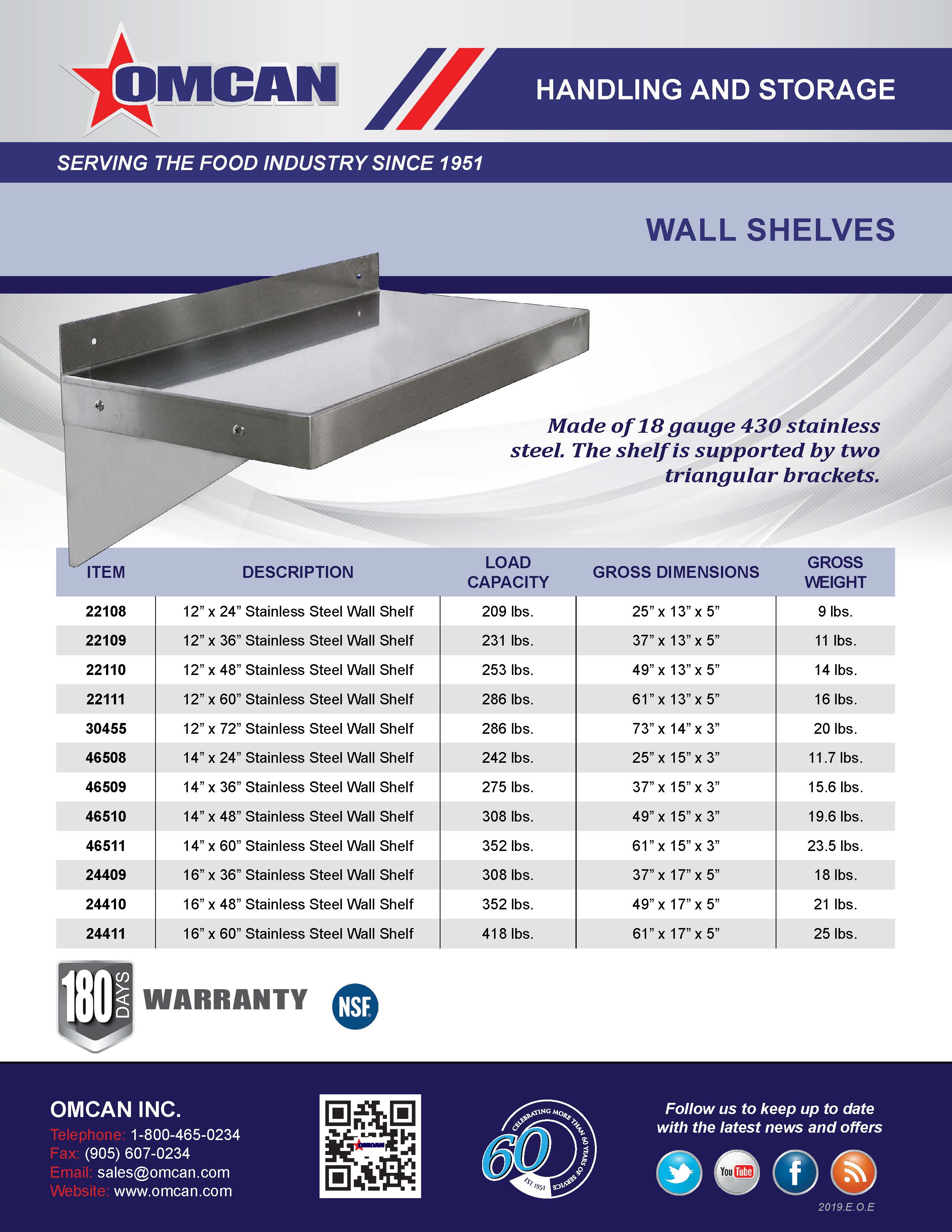 Omcan 12″ x 24″ Stainless Steel Wall Shelf