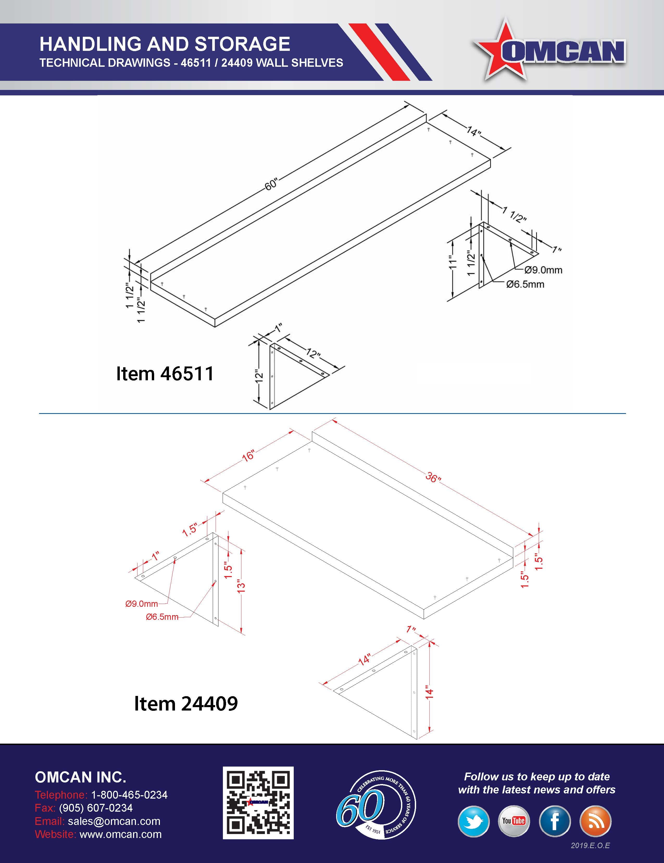 Omcan 14″ x 60″ Stainless Steel Wall Shelf