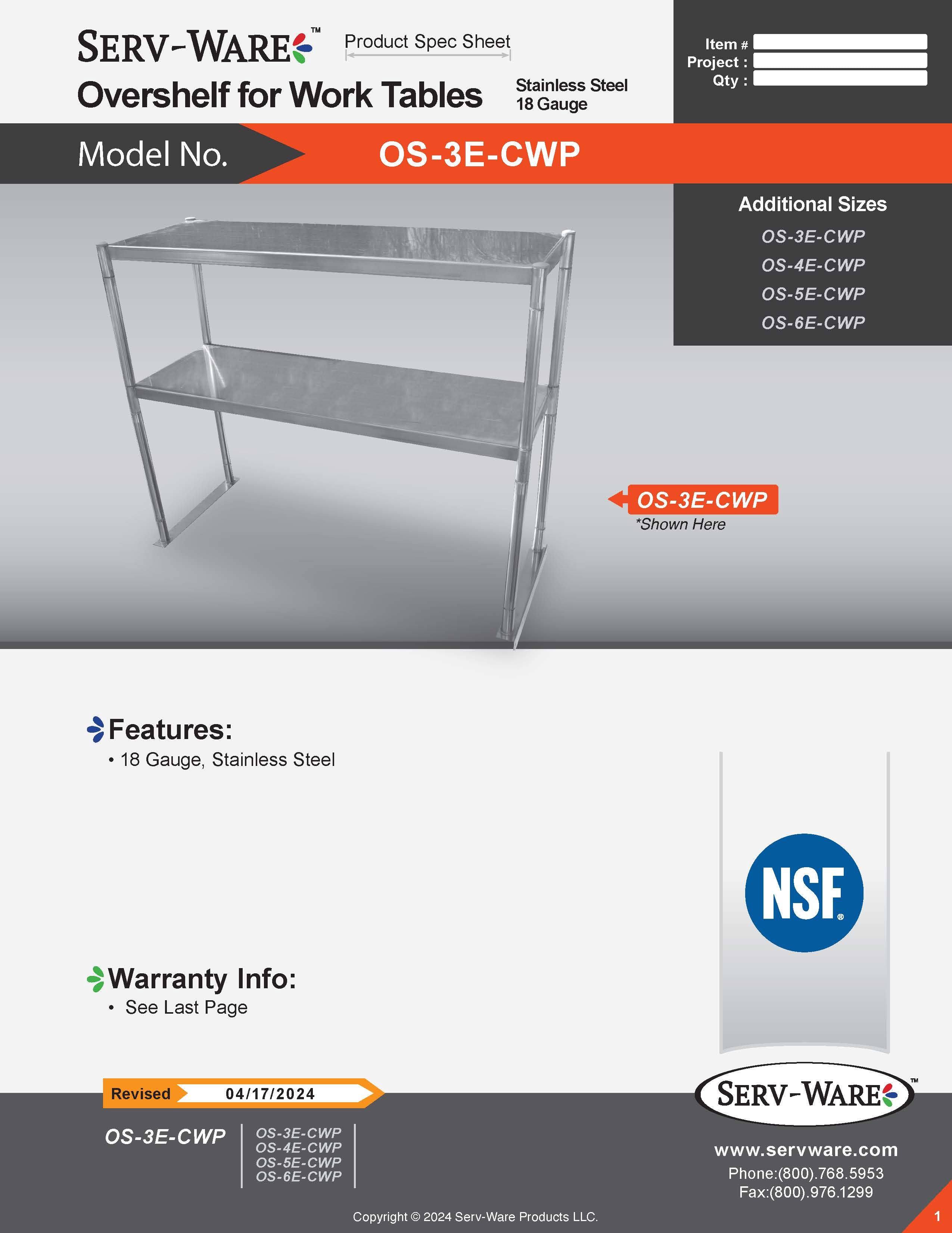 48" Overshelf for Work Table, OS-4E-CWP