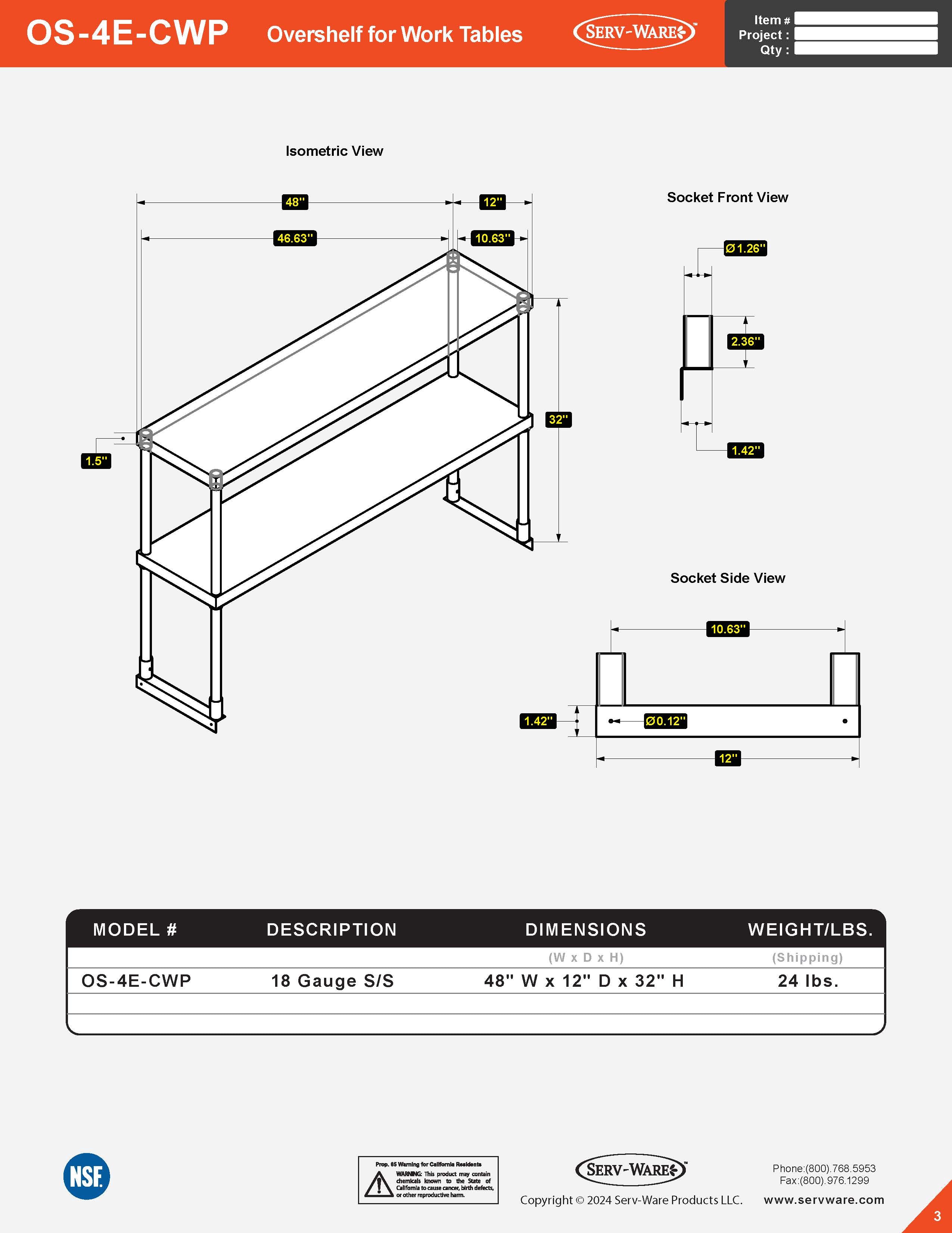 48" Overshelf for Work Table, OS-4E-CWP