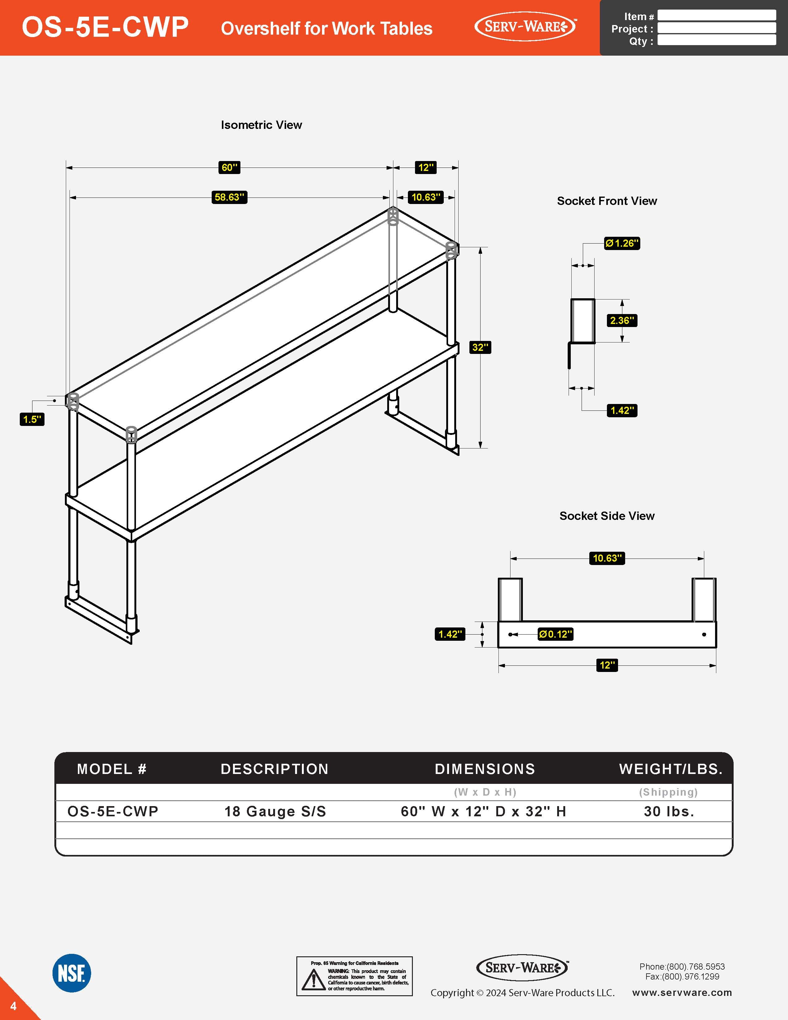 60" Overshelf for Work Table, OS-5E-CWP