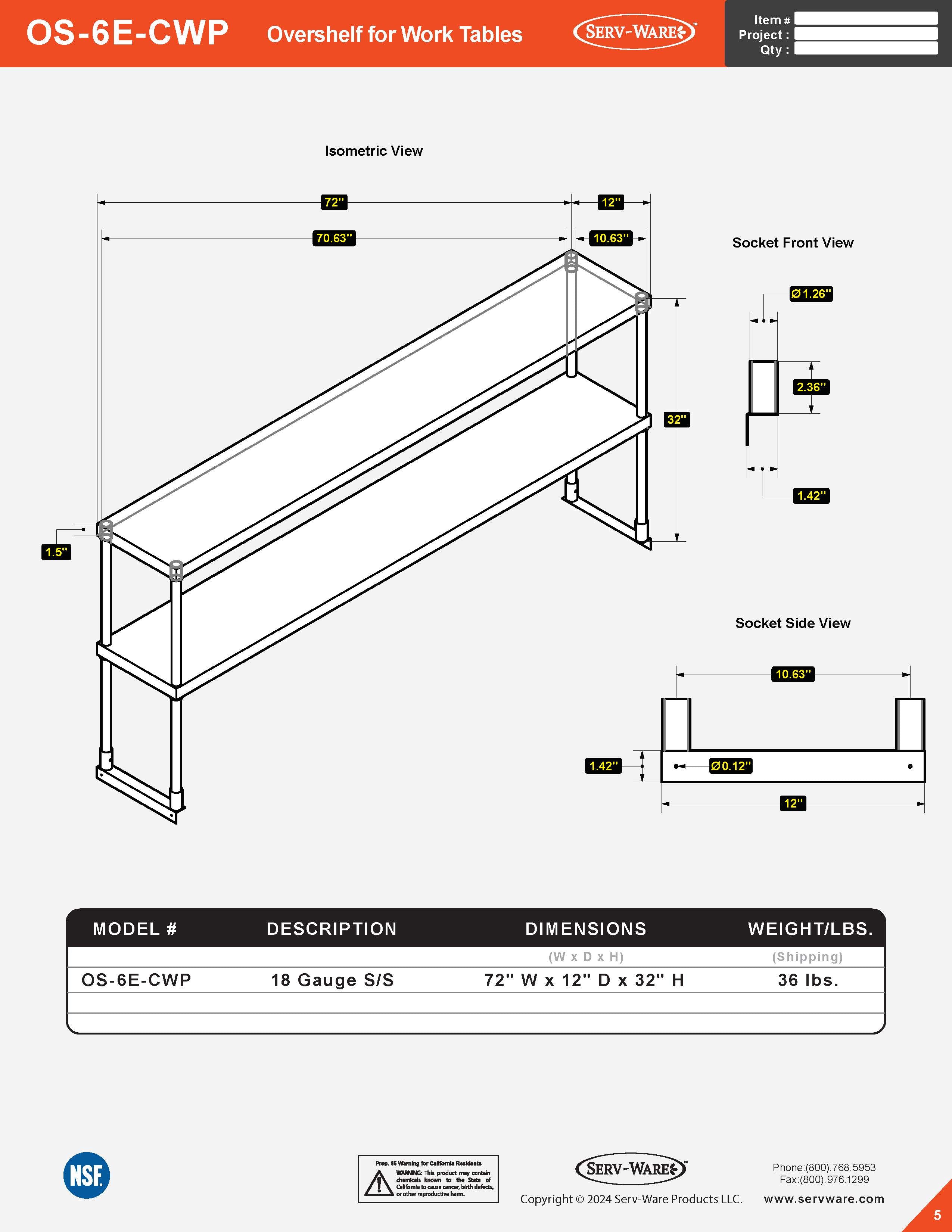 72" Overshelf for Work Table, OS-6E-CWP