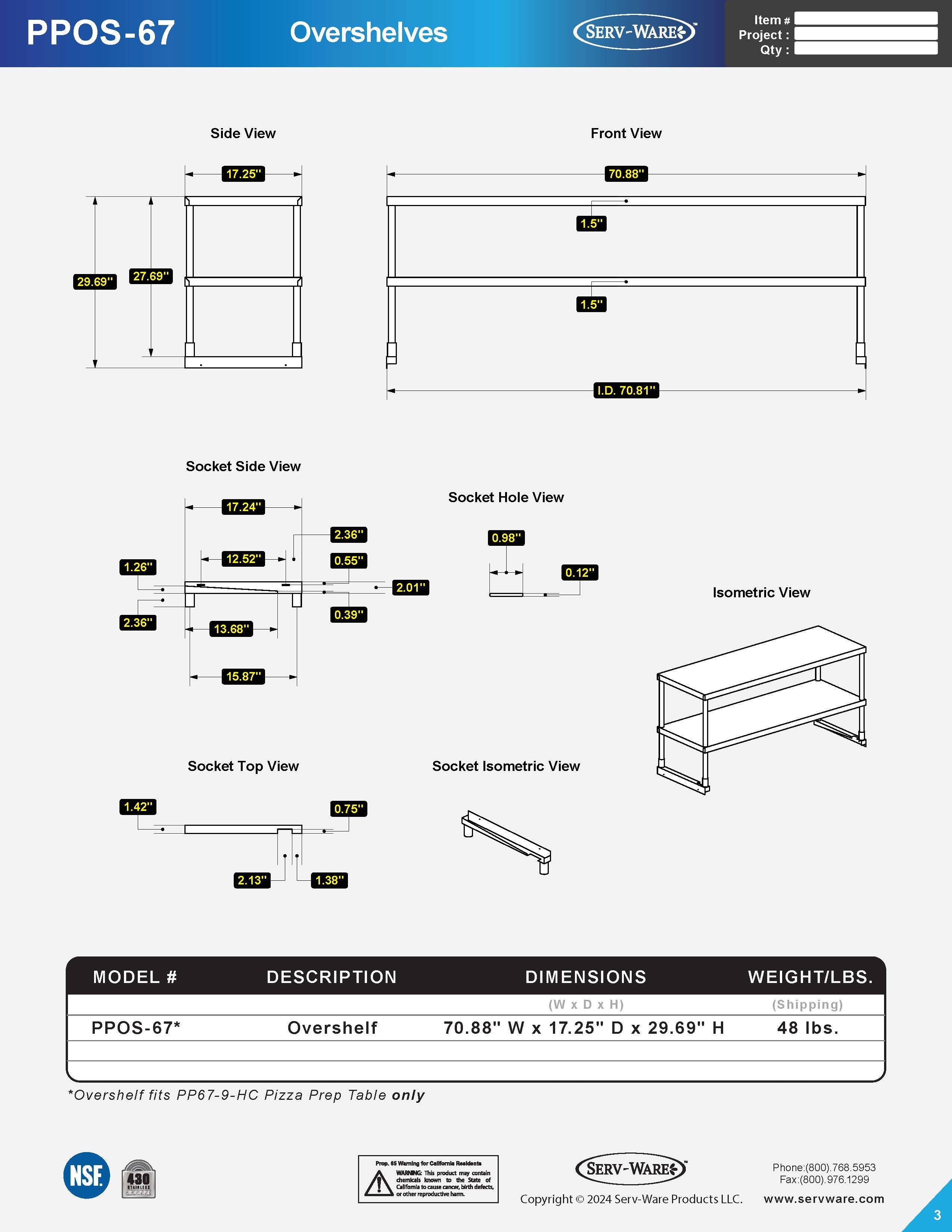 44" Pizza Prep Overshelf, PPOS-44