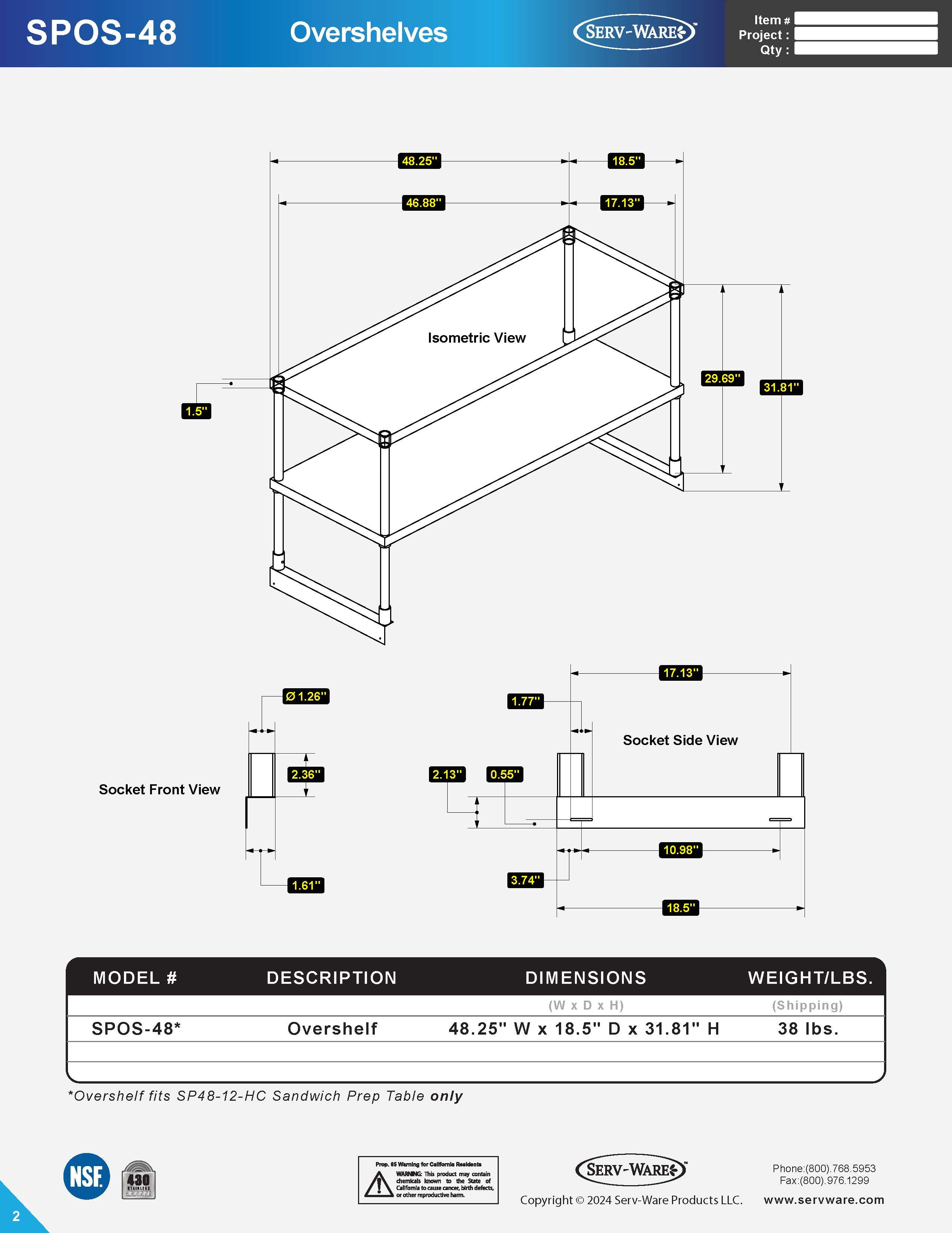 48" Sandwish Prep Overshelf, SPOS-48