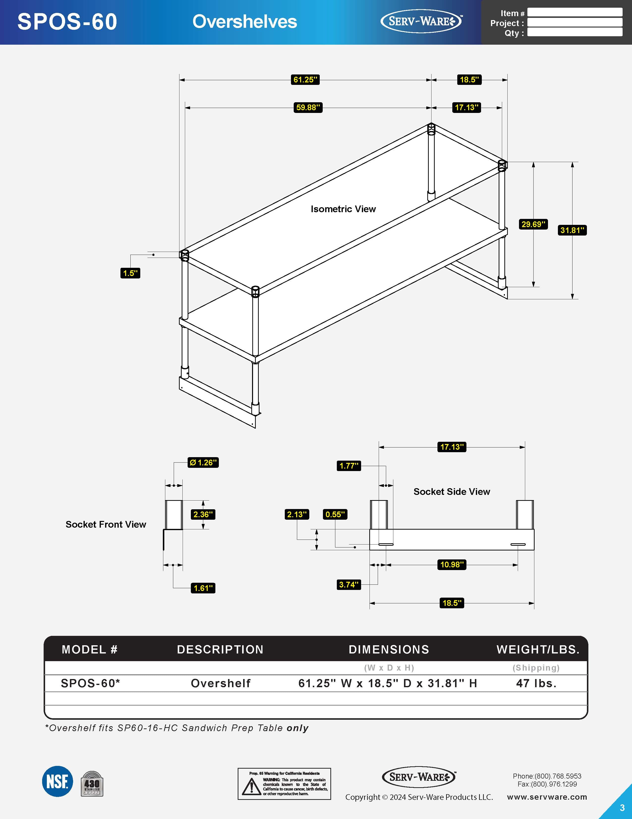 60" Sandwish Prep Overshelf, SPOS-60