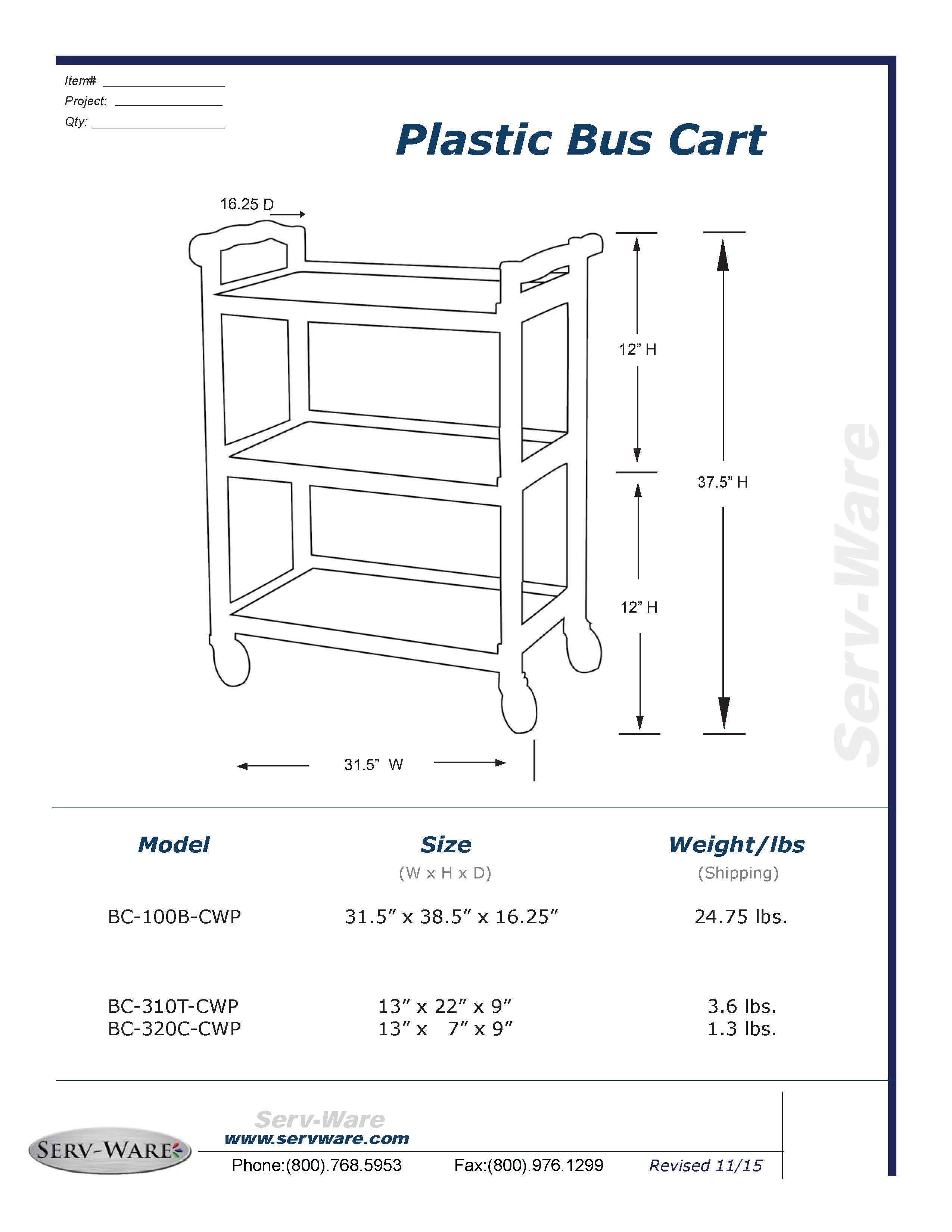 3 Tier Plastic Bus Cart, BC-100B-CWP