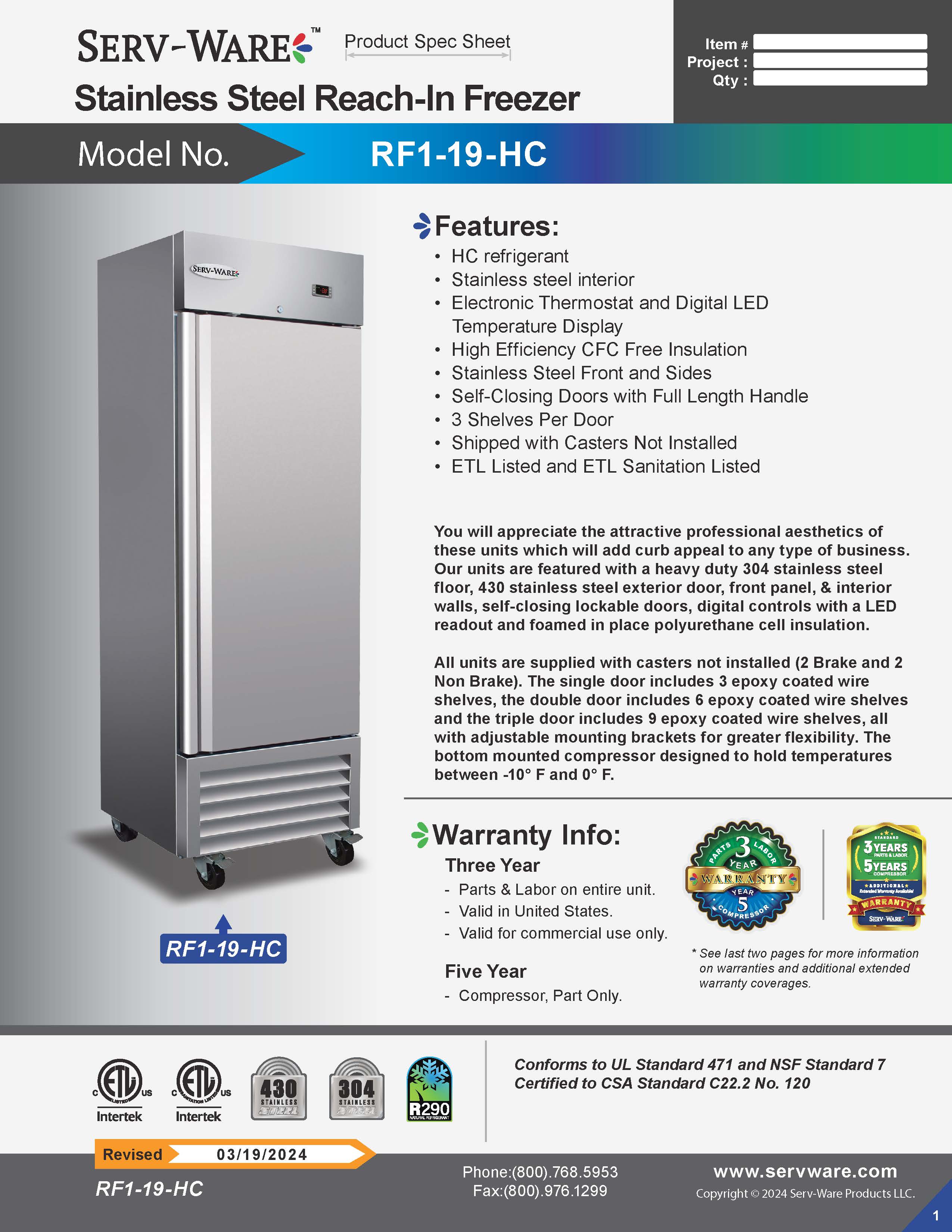 27" 1 Solid Door Reach-In Freezer, RF1-19-HC