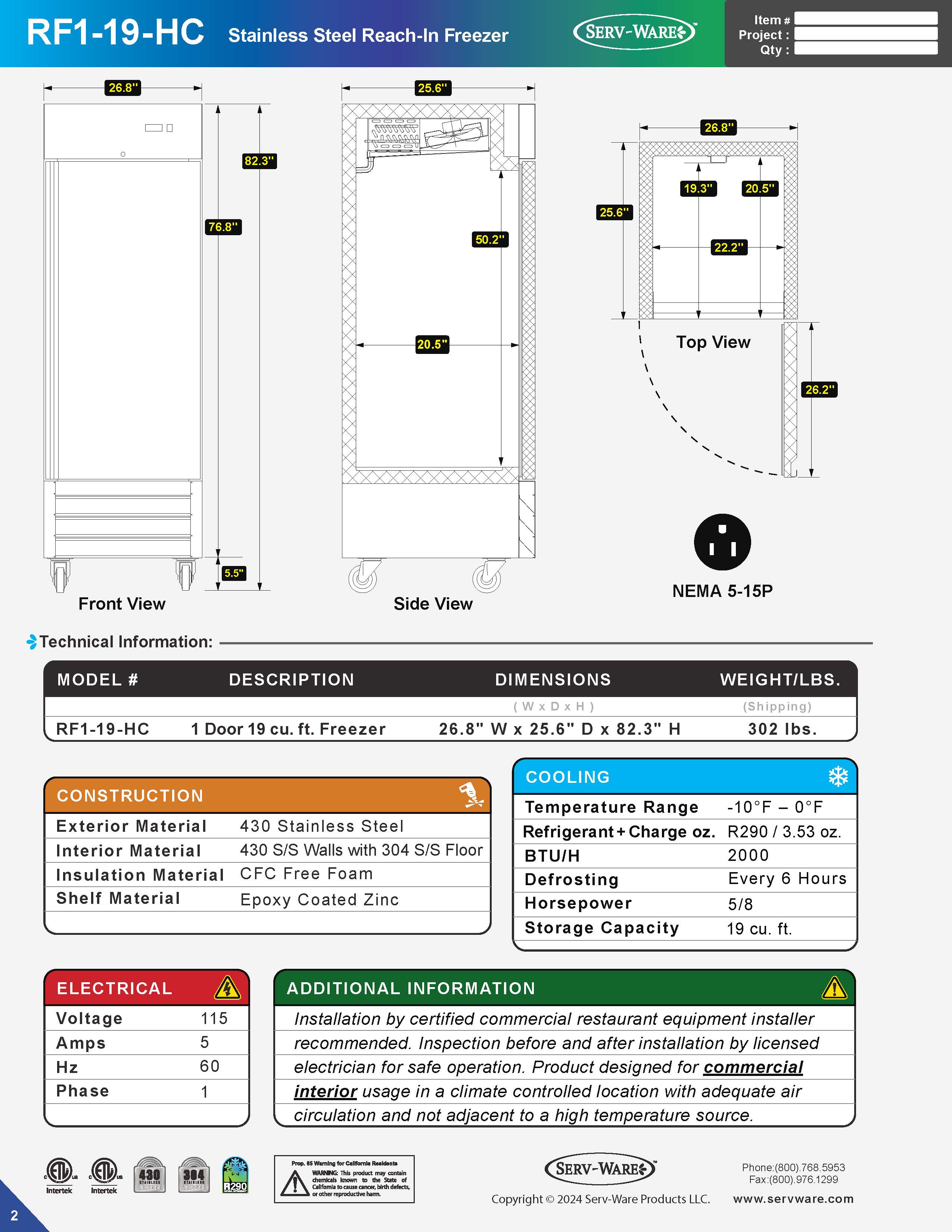 27" 1 Solid Door Reach-In Freezer, RF1-19-HC