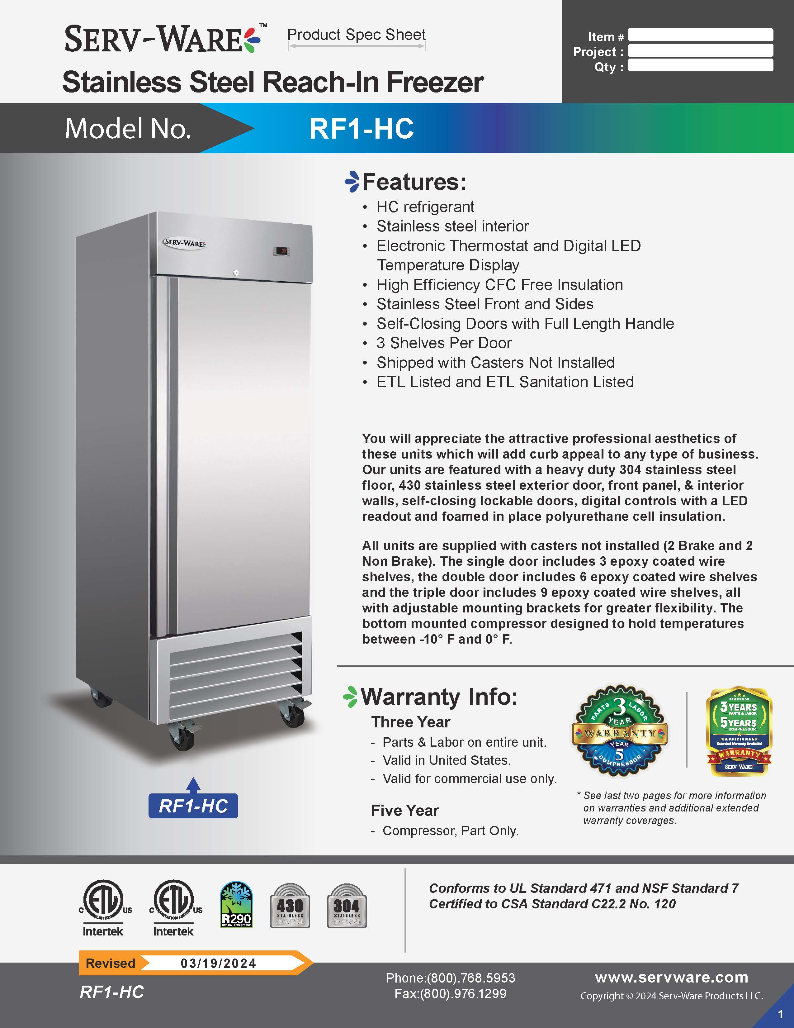 27" 1 Solid Door Reach-In Freezer, RF1-HC