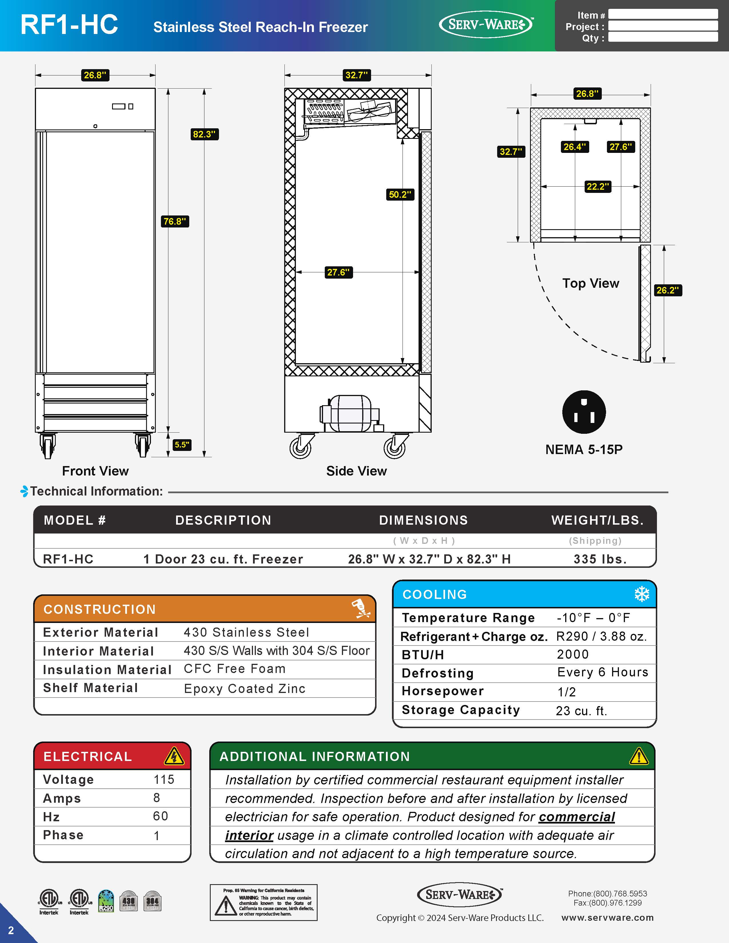 27" 1 Solid Door Reach-In Freezer, RF1-HC