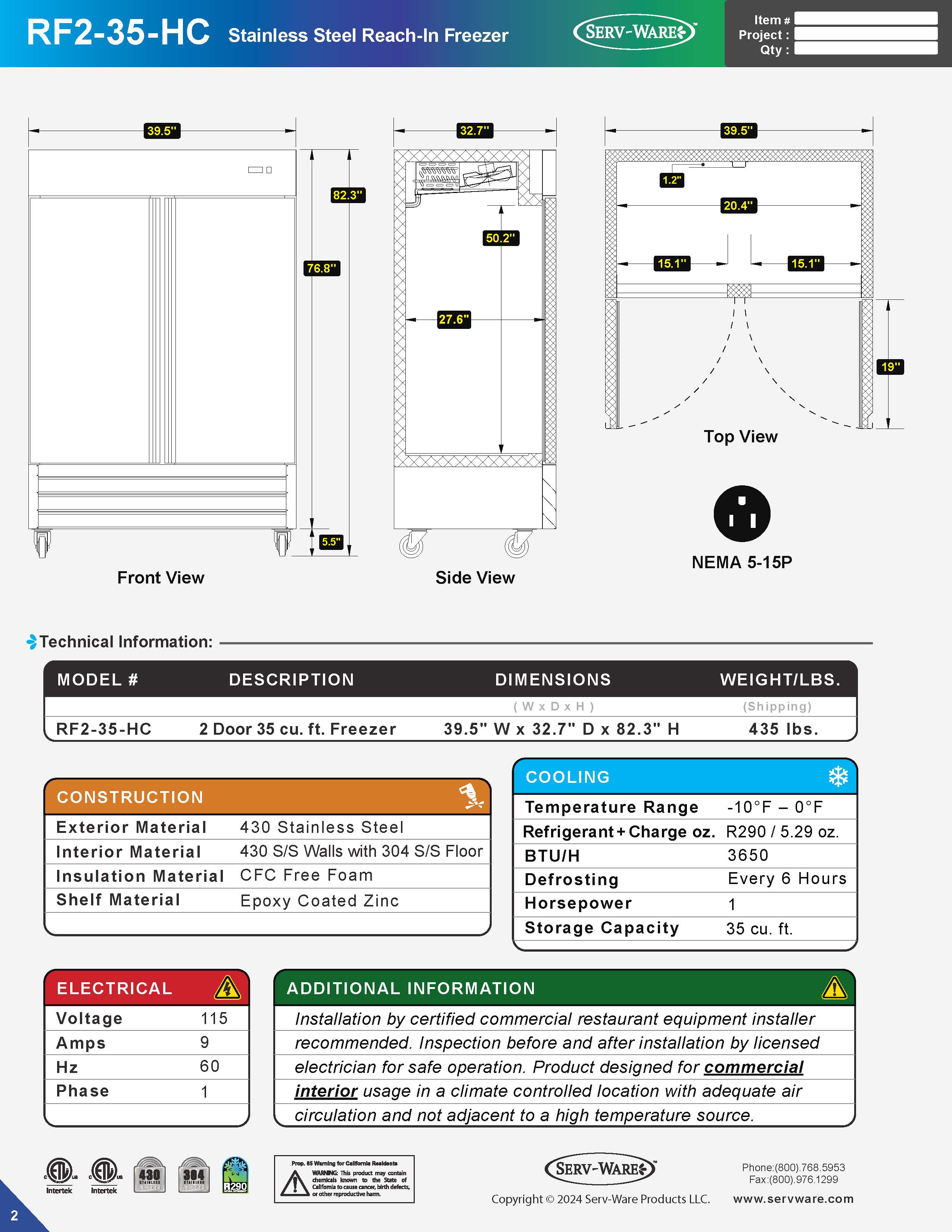 40" 2 Solid Door Reach-In Freezer, RF2-35-HC