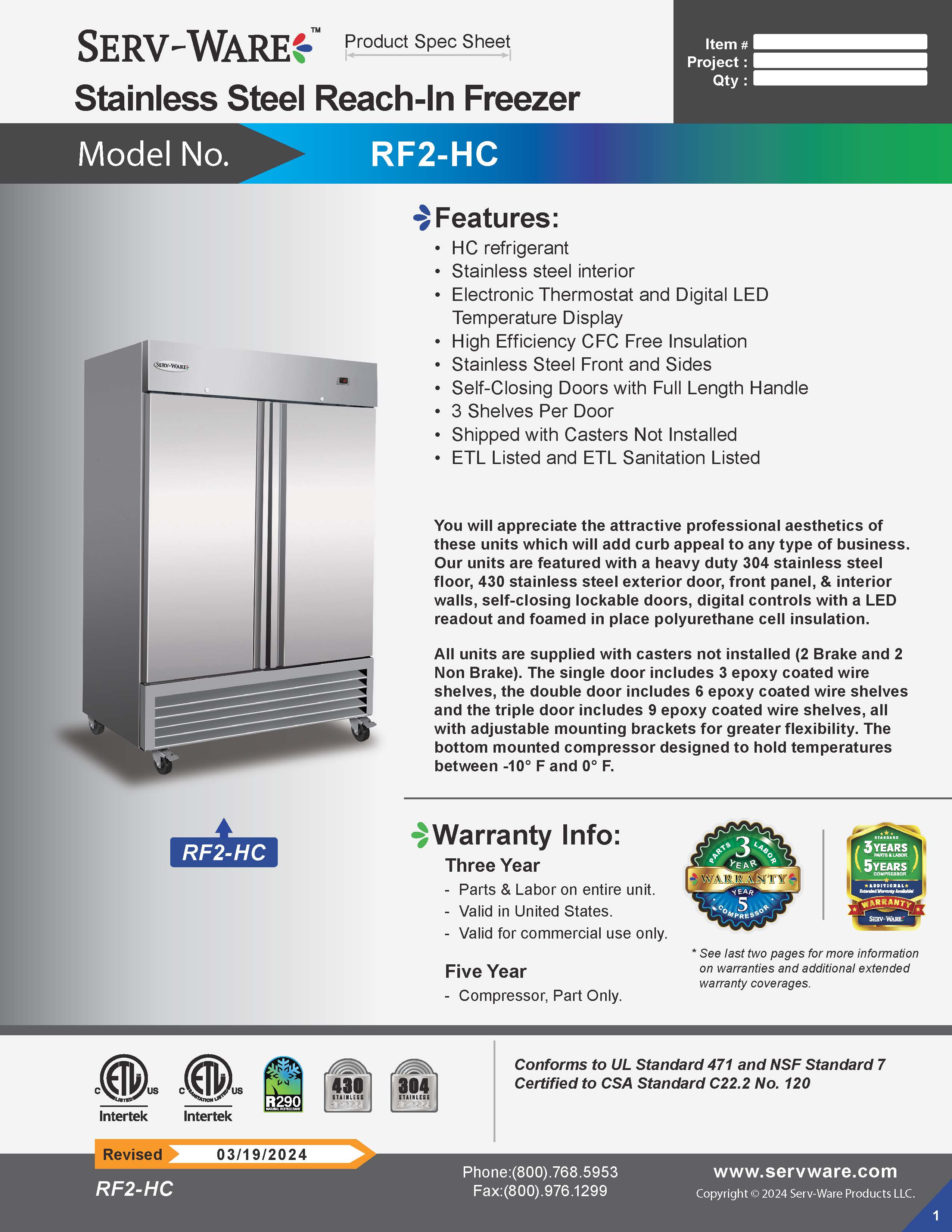 54" 2 Solid Door Reach-In Freezer, RF2-HC