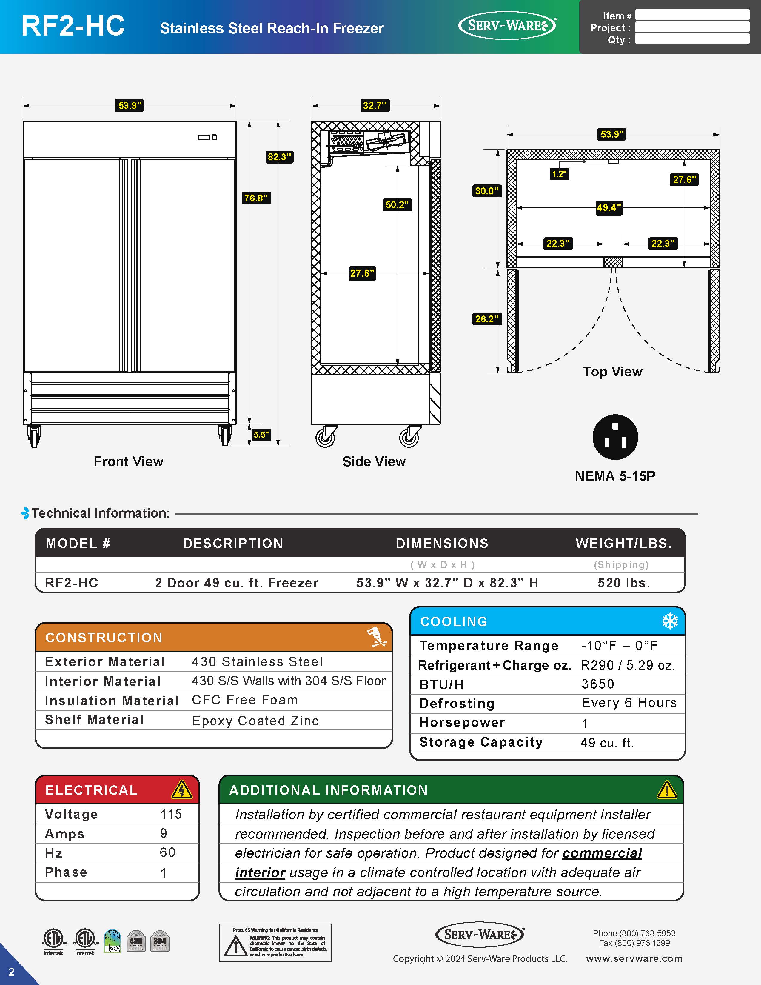 54" 2 Solid Door Reach-In Freezer, RF2-HC