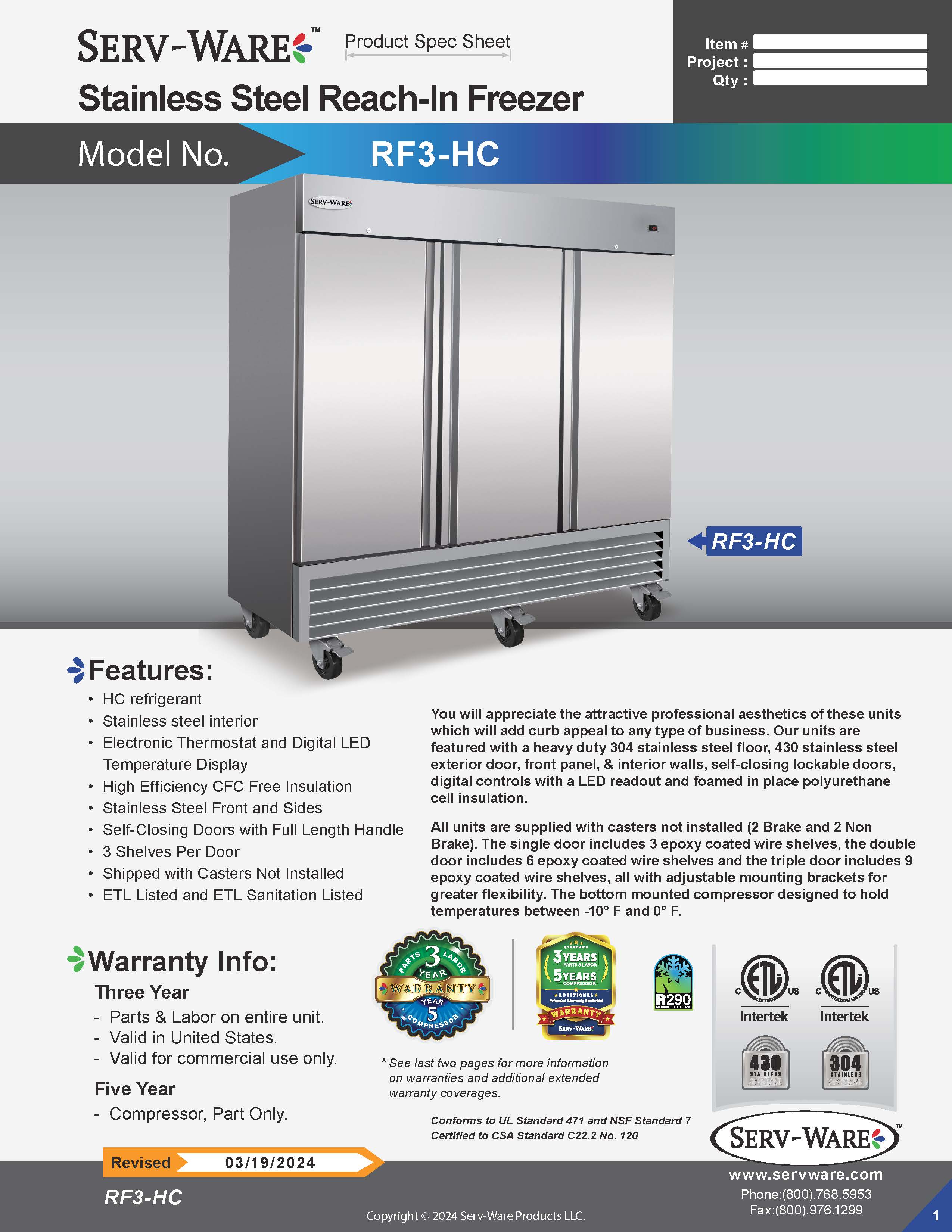 81" 3 Solid Door Reach-In Freezer, RF3-HC